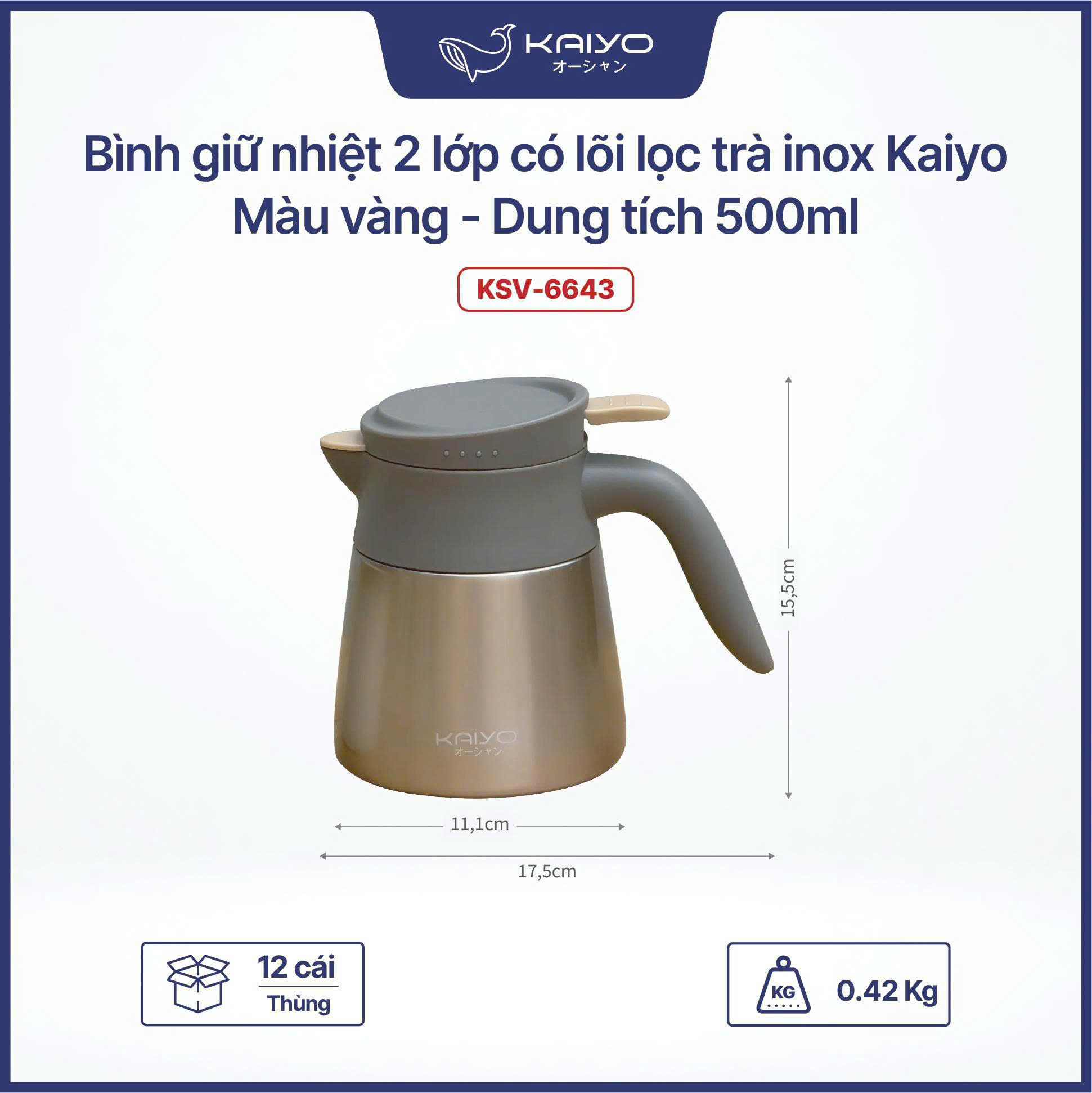 Bình giữ nhiệt pha trà kèm lõi lọc inox 304 Kaiyo 500ml_thumbnail_4