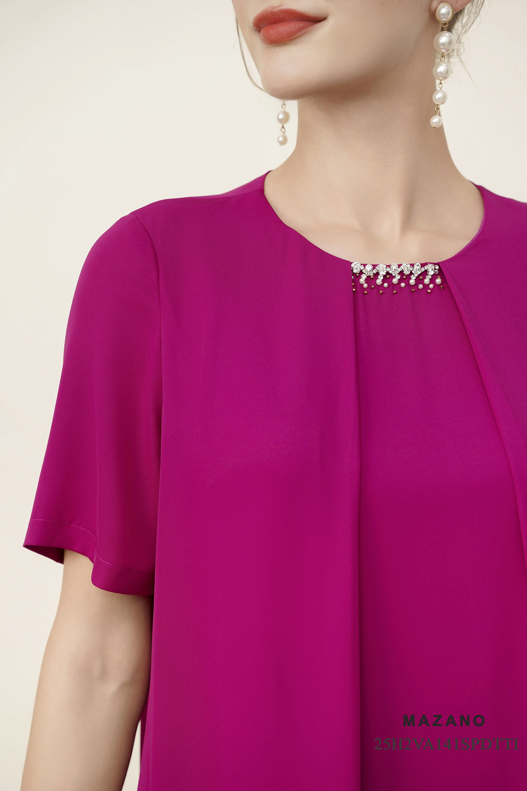 Váy Đầm suông A Vải voan  Đính trang trí Cổ tròn Tay ngắn Dài váy qua gối_thumbnail_2