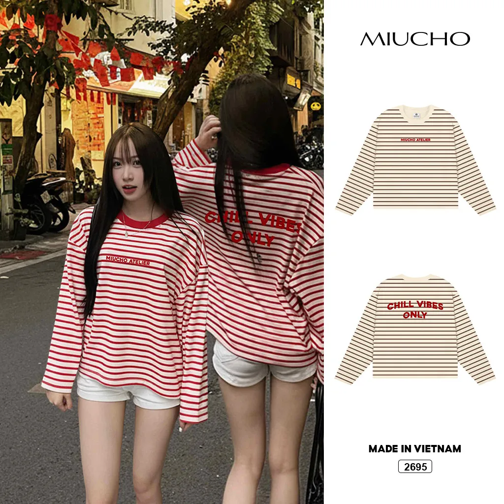Áo thun boxy tay dài Miucho vải thun rib thoáng mát mềm mại cổ tròn Chill Vibes Only in mix 2695