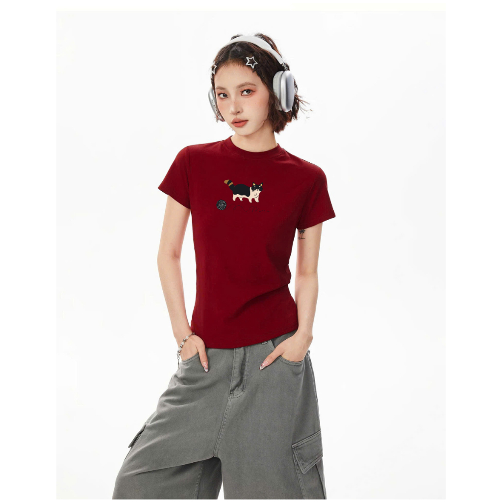 Áo Baby tee nữ hình mèo chất cotton - Áo thun Baby tee nữ LOZA ET8235_thumbnail_2