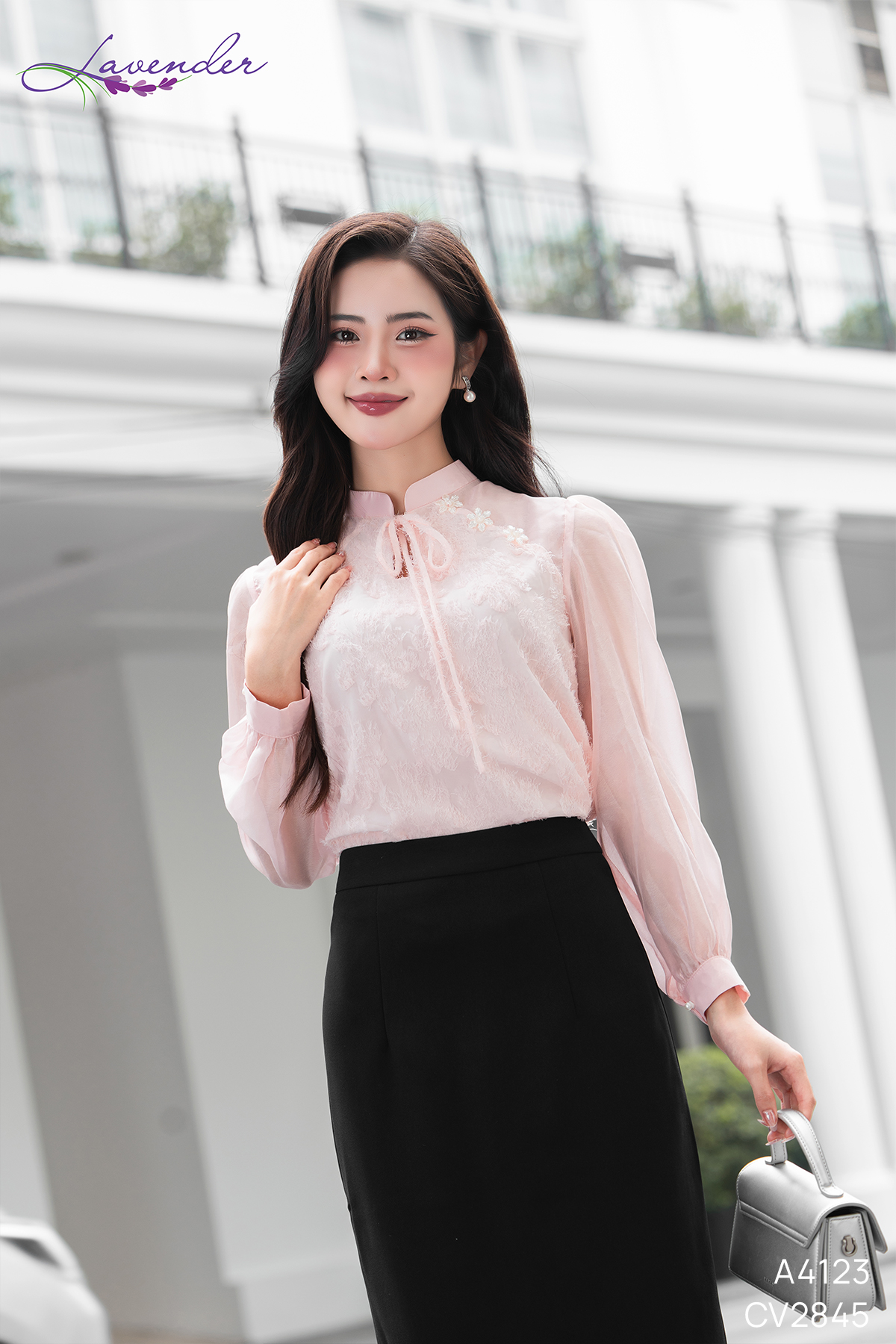 Áo sơ mi tơ lông màu hồng phối tay dài A4123