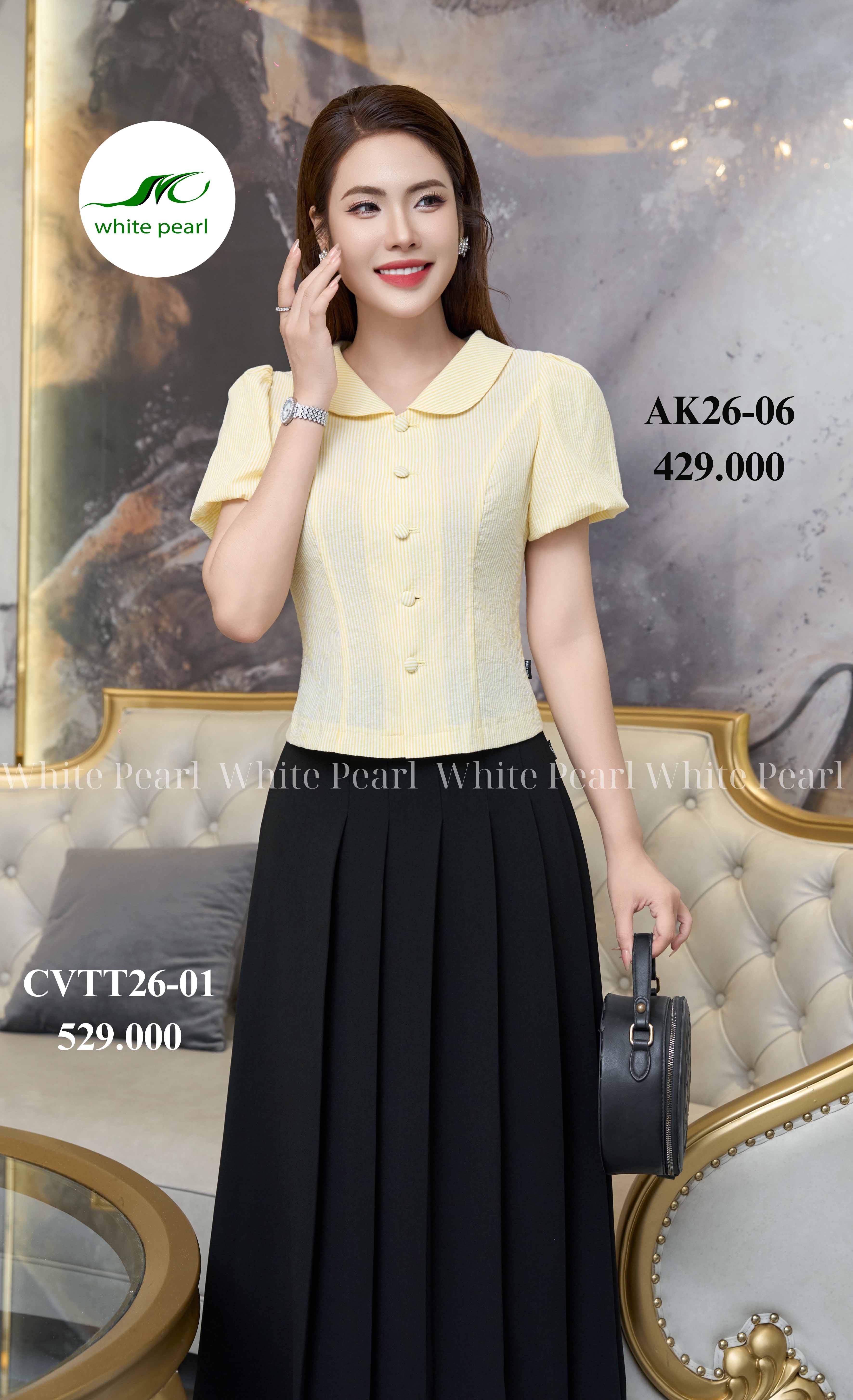 Ak26-06 Kẻ Vàng thời trang công sở nữ White Pearl