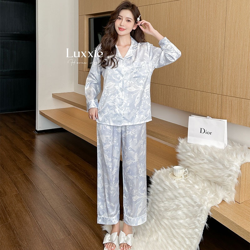 LEDAI02 Pijama lụa xanh in hoa trắng