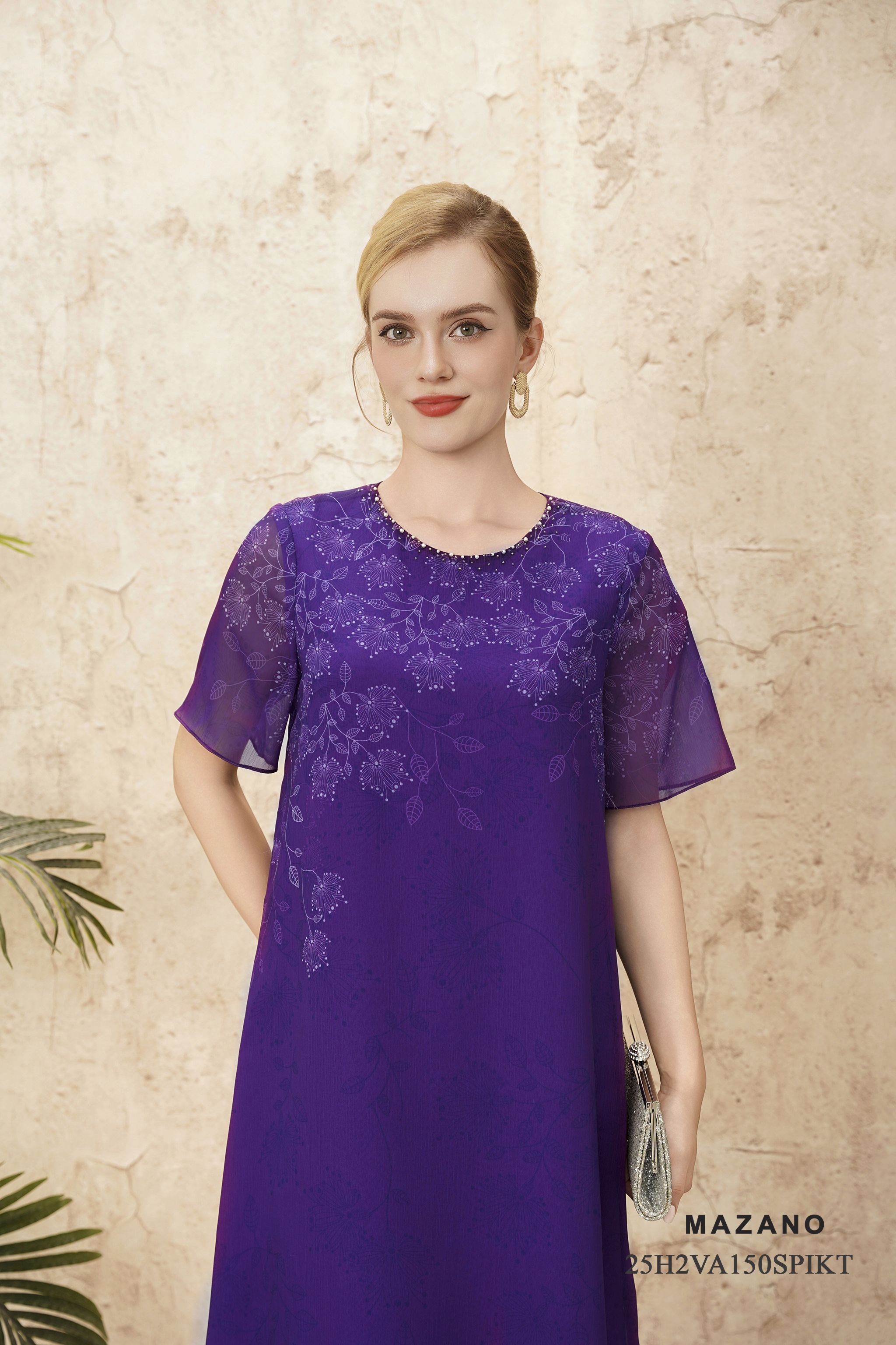 Váy Đầm suông A  Vải voan mỏng Đính trang trí Cổ tròn Tay ngắn Dài váy ngang bắp_thumbnail_2