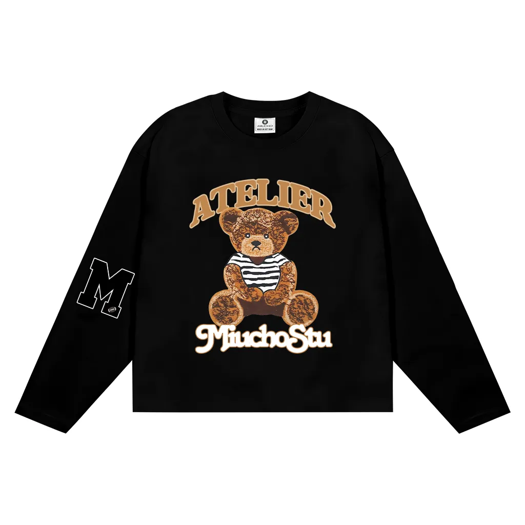 Áo thun tay dài boxy Miucho cotton thoáng mát co giãn 2C hình gấu teddy Atelier 2651