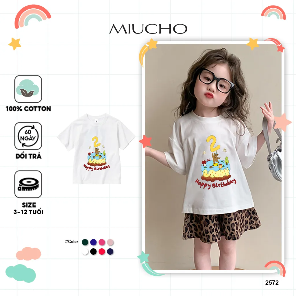 Áo thun cho bé sinh nhật 2 tuổi form rộng 2572 Miucho Kid vải cotton mềm mại thoáng mát thấm hút mồ hôi