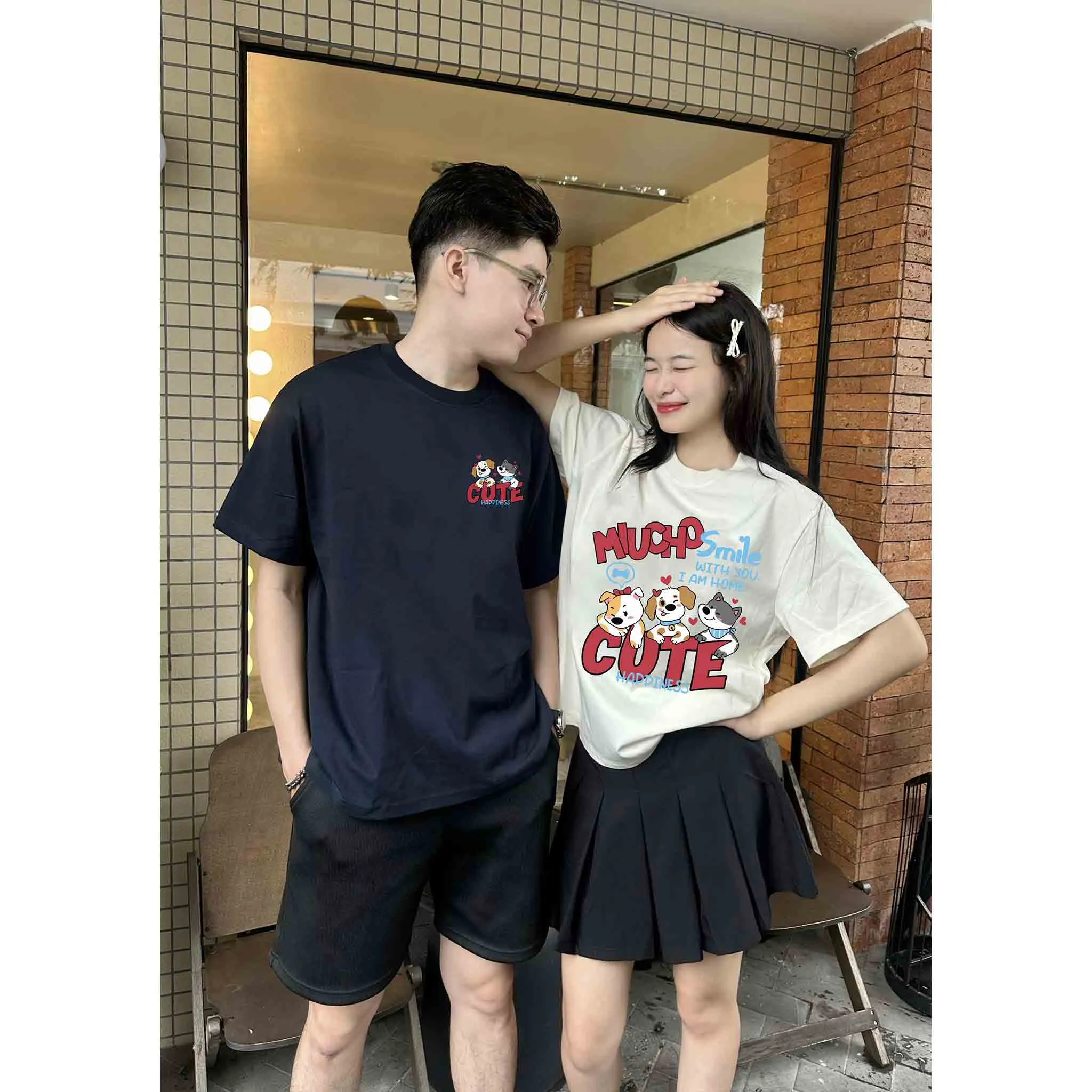 Áo thun cặp đôi Korean style dễ thương form boxy 2553 Miucho vải cotton thoáng mát mềm mại_thumbnail_2