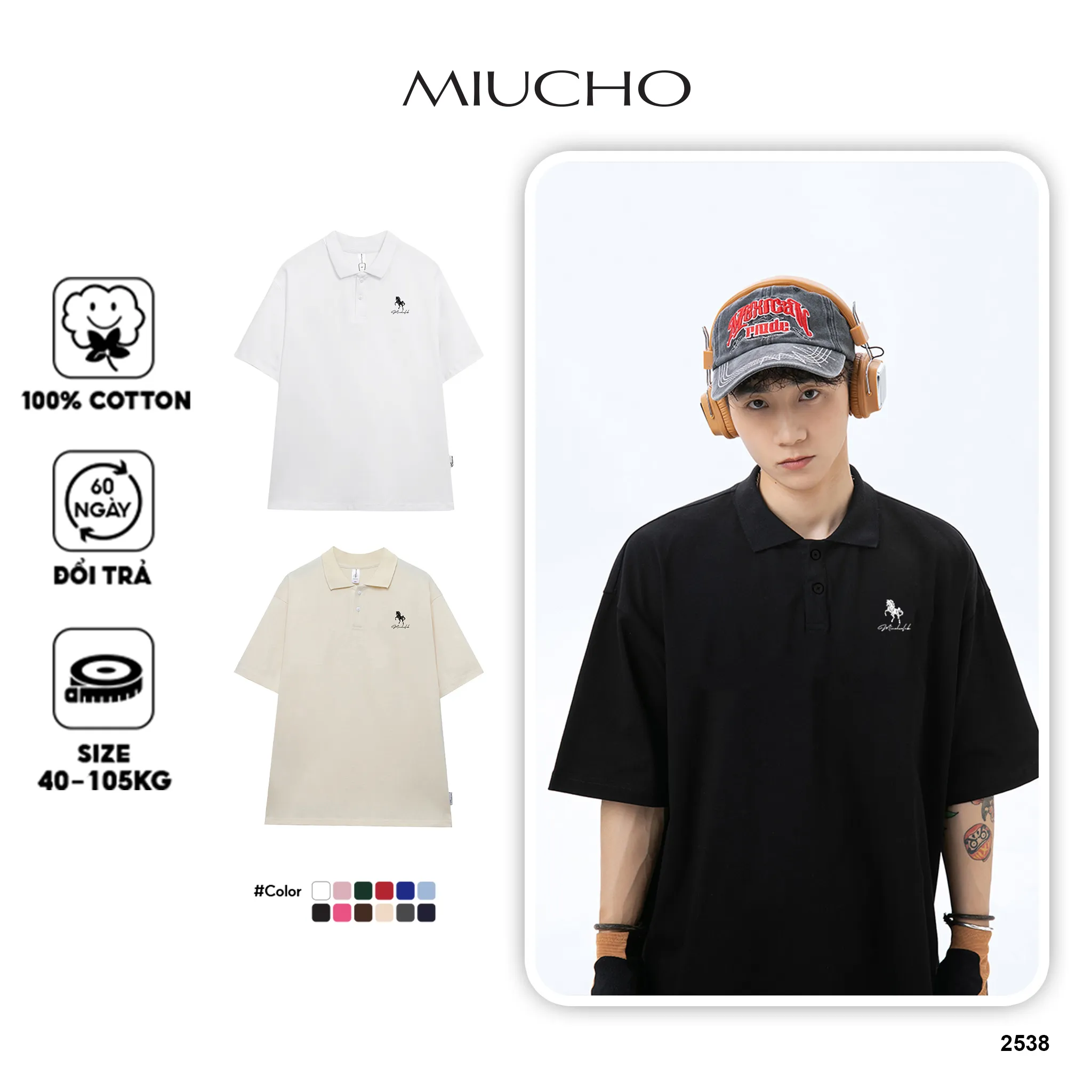 Áo polo nam nữ form rộng basic dễ phối đồ 2538 Miucho Club vải cotton thoáng mát in mix