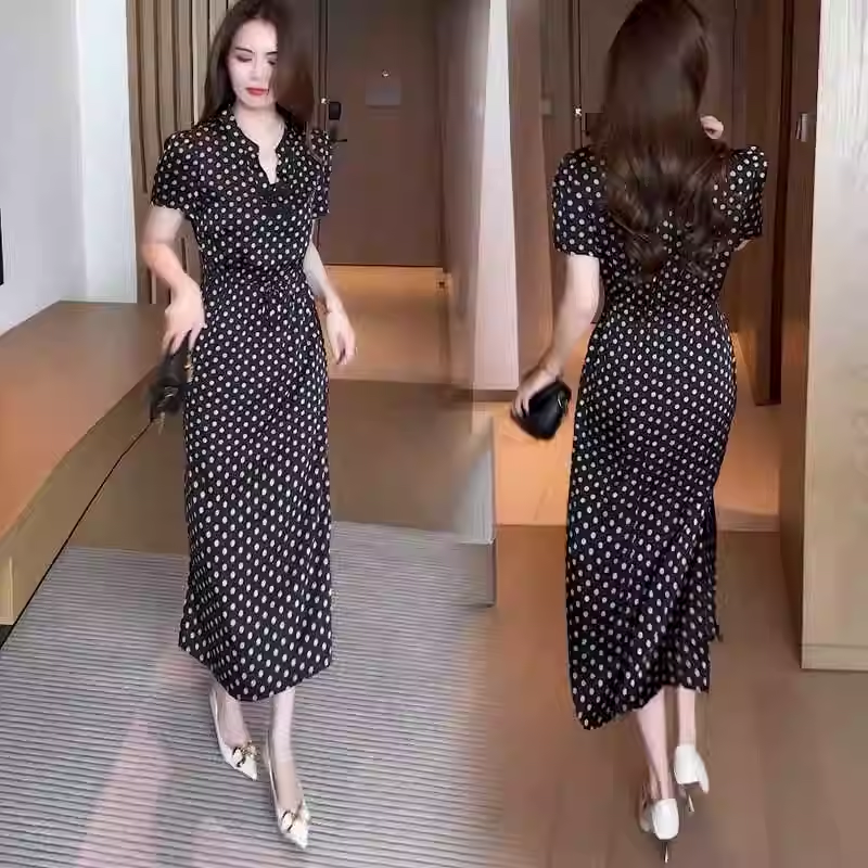 16399-Đầm suông chấm bi cổ tàu eo thắt dây rút (lụa)_thumbnail_0