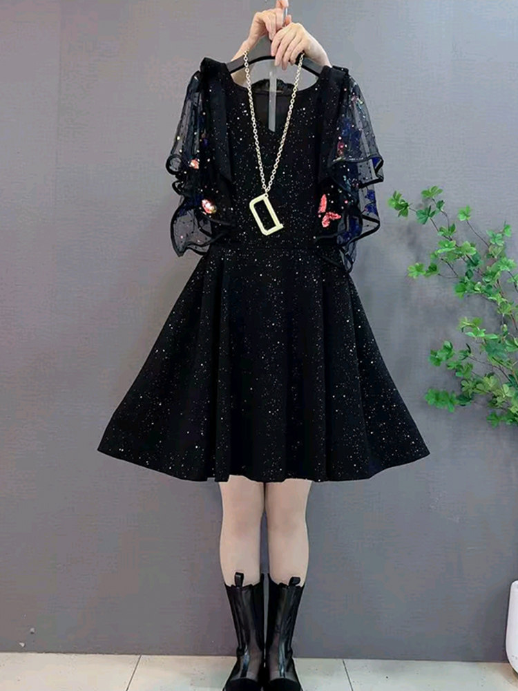 18320- Đầm xòe kim tuyến phối lưới bướm