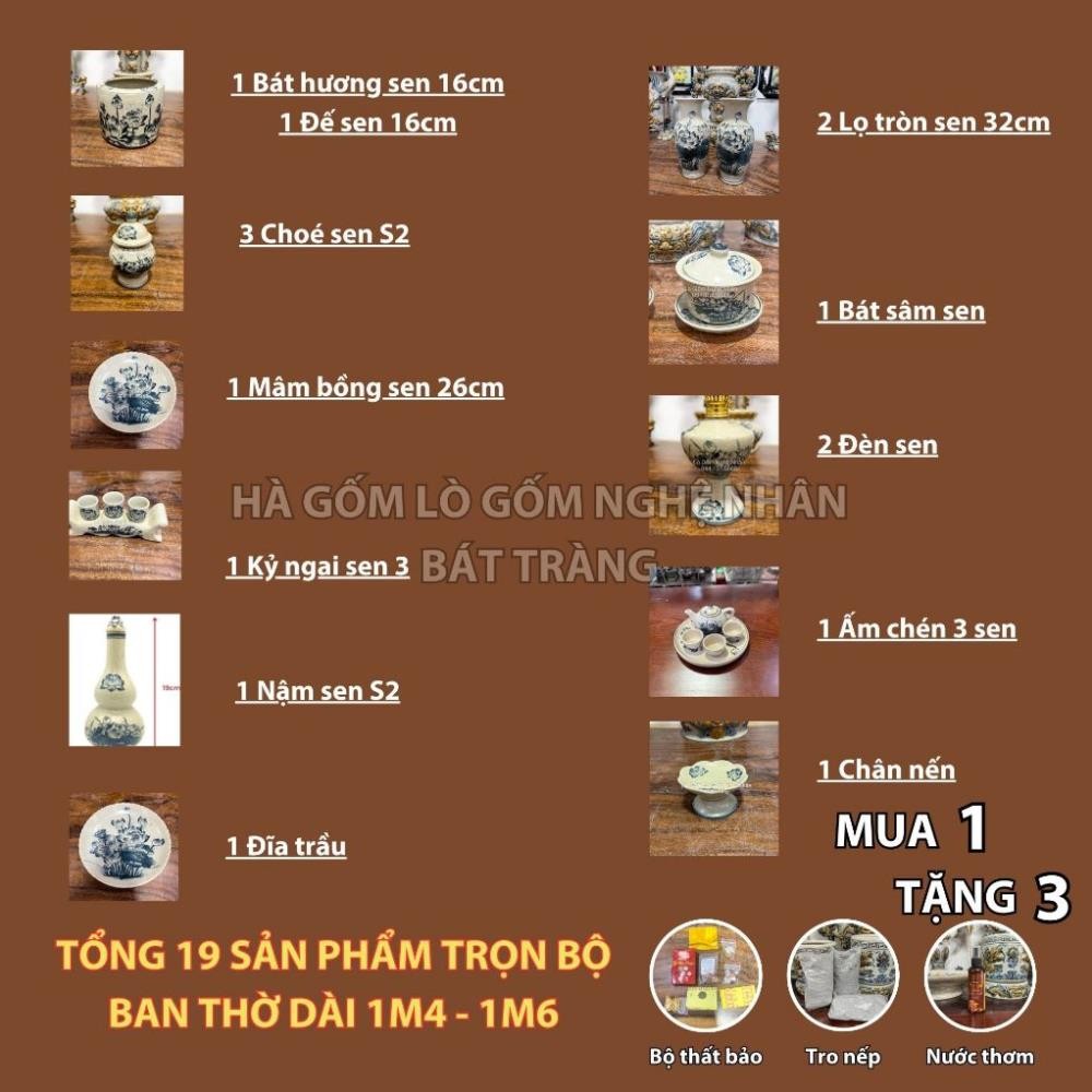 HG082 Đồ Thờ Cúng Bộ 19 món ban thờ 1M4 - 1M6 men rạn trơn nghệ nhân Bát Tràng chế tác TẶNG Thất Bảo, Tro Nếp_thumbnail_1