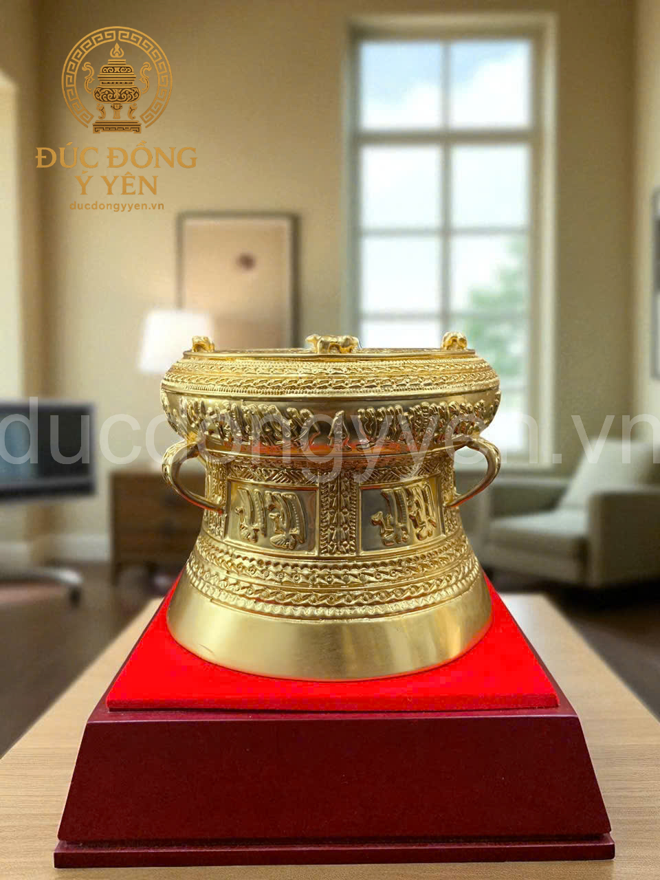 Quả trống đồng dát vàng 9999 kích thước 15cm