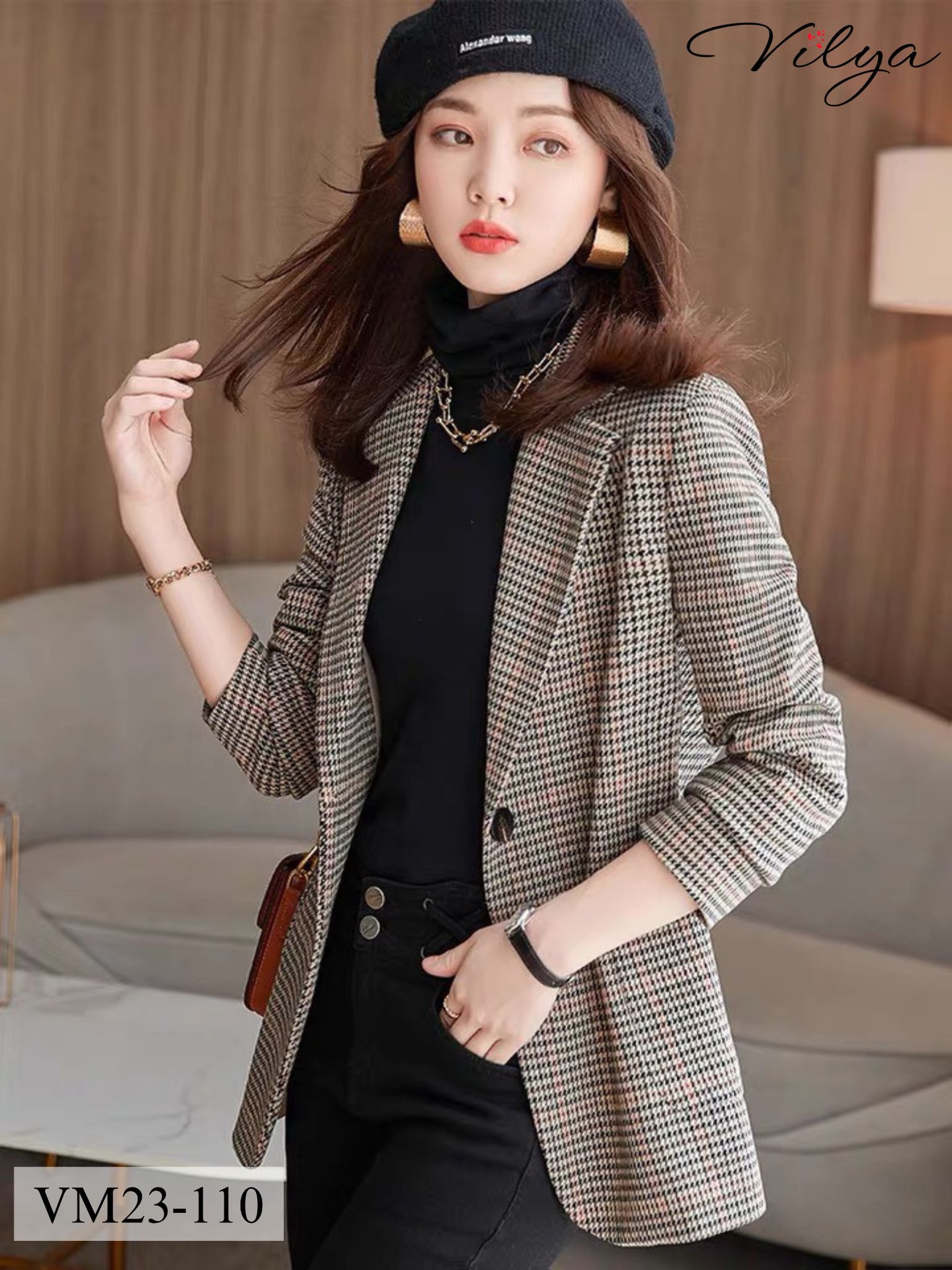 Áo vest dạ nữ VILYA bẻ ve họa tiết hình én tay dài VM23-110