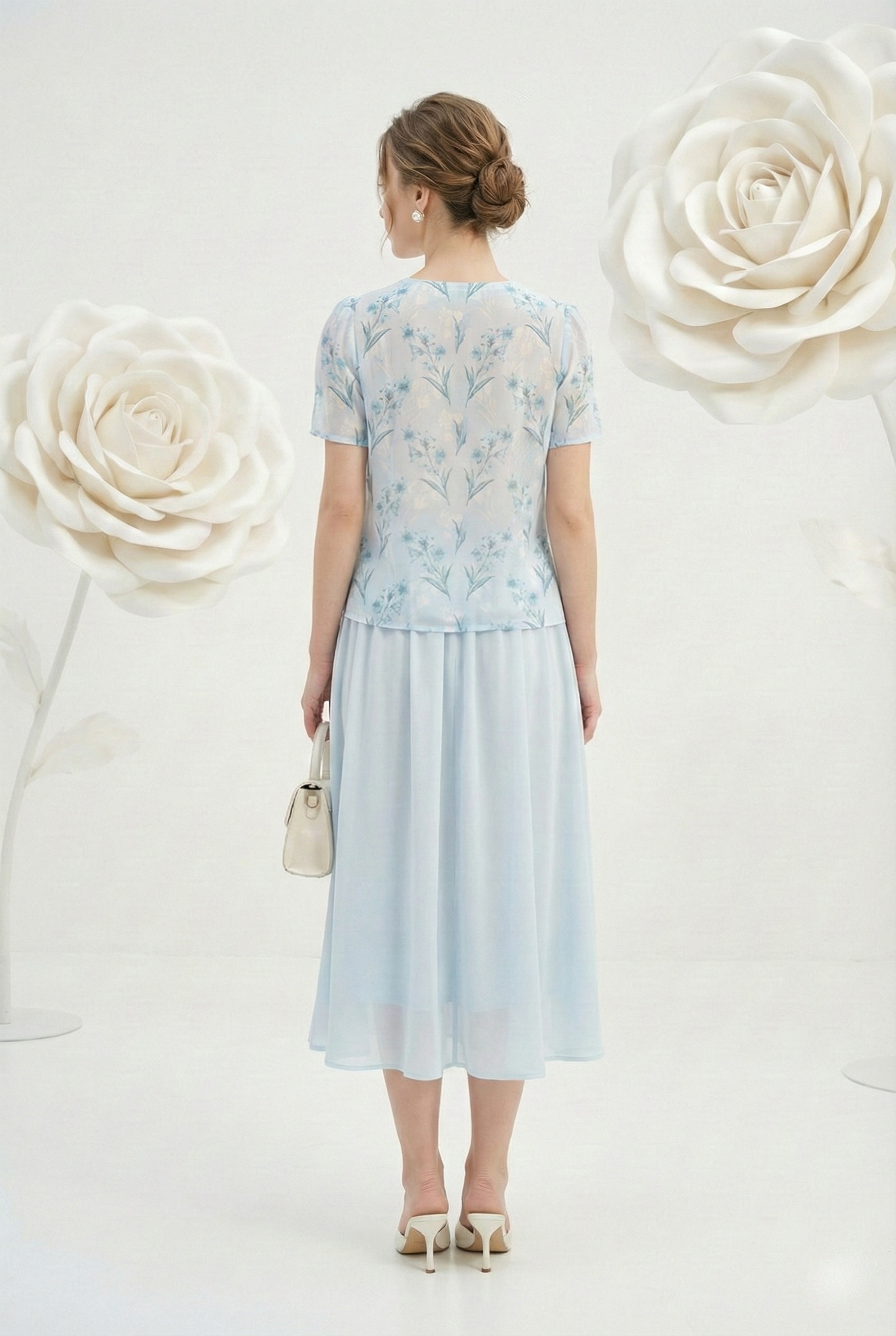 Áo sơ mi vải voan dày in hoa xanh nhạt dáng suông cổ tàu cách điệu tay ngắn thiết kế MAZANO_thumbnail_6