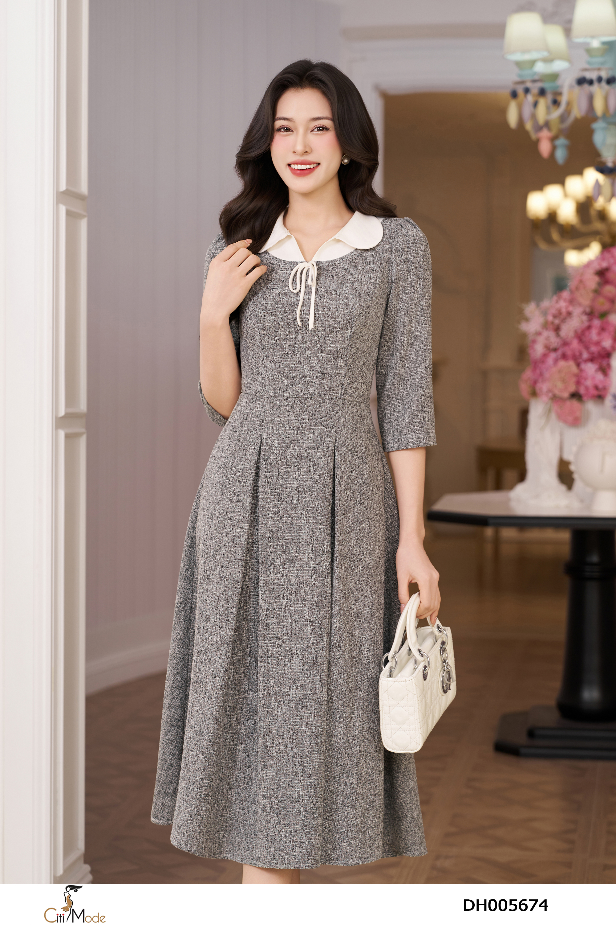 Đầm xòe ghi xám cổ sen trắng tay lỡ_thumbnail_2