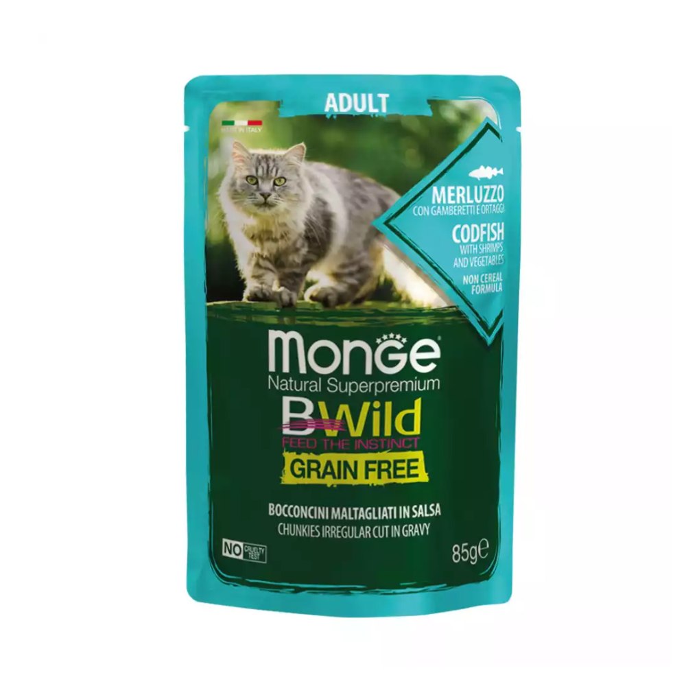 Pate cho mèo Monge Bwild - Pouches - Chunkies Adult Codfish With Shrimps and Vegetables (vị Cá thu, tôm và rau) 85gr