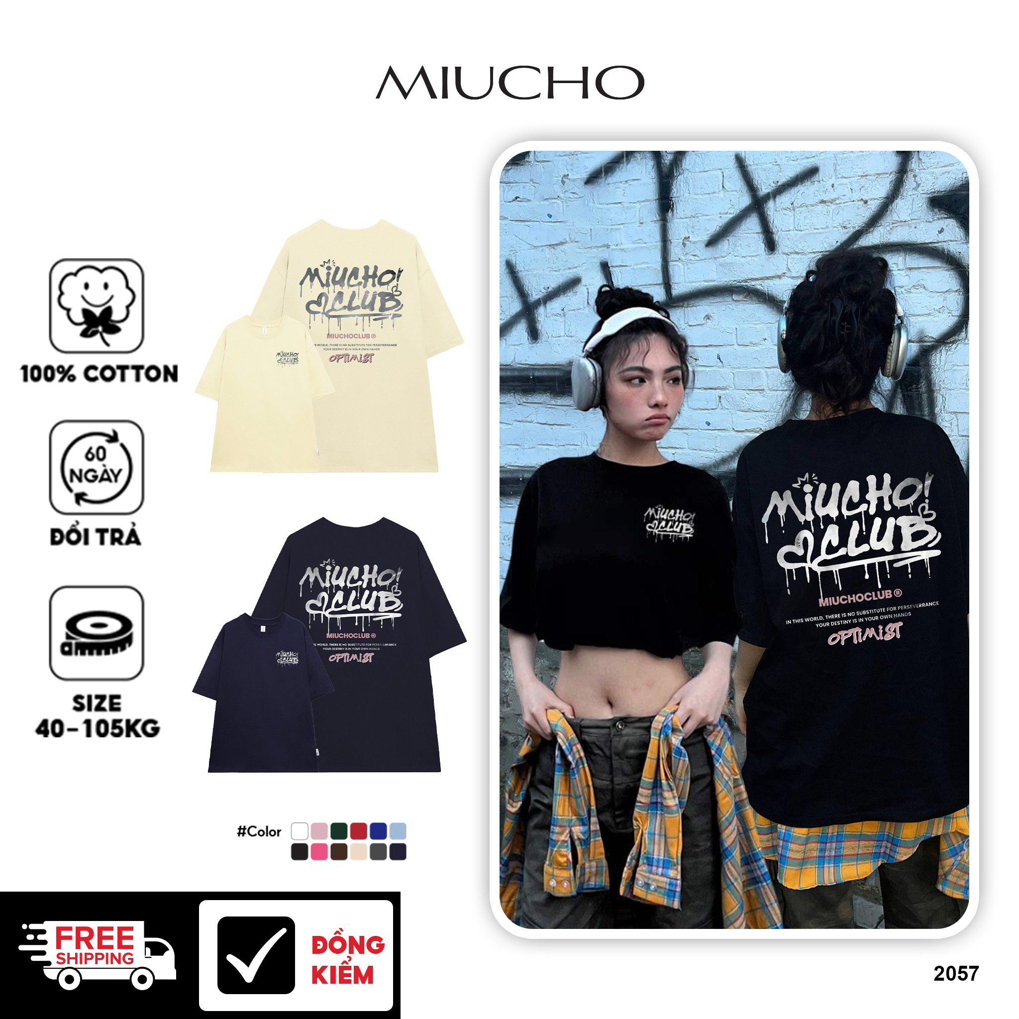 Áo thun nữ local brand form rộng 2057 Miucho vải cotton 4c 220gsm cổ tròn tay ngắn in mix