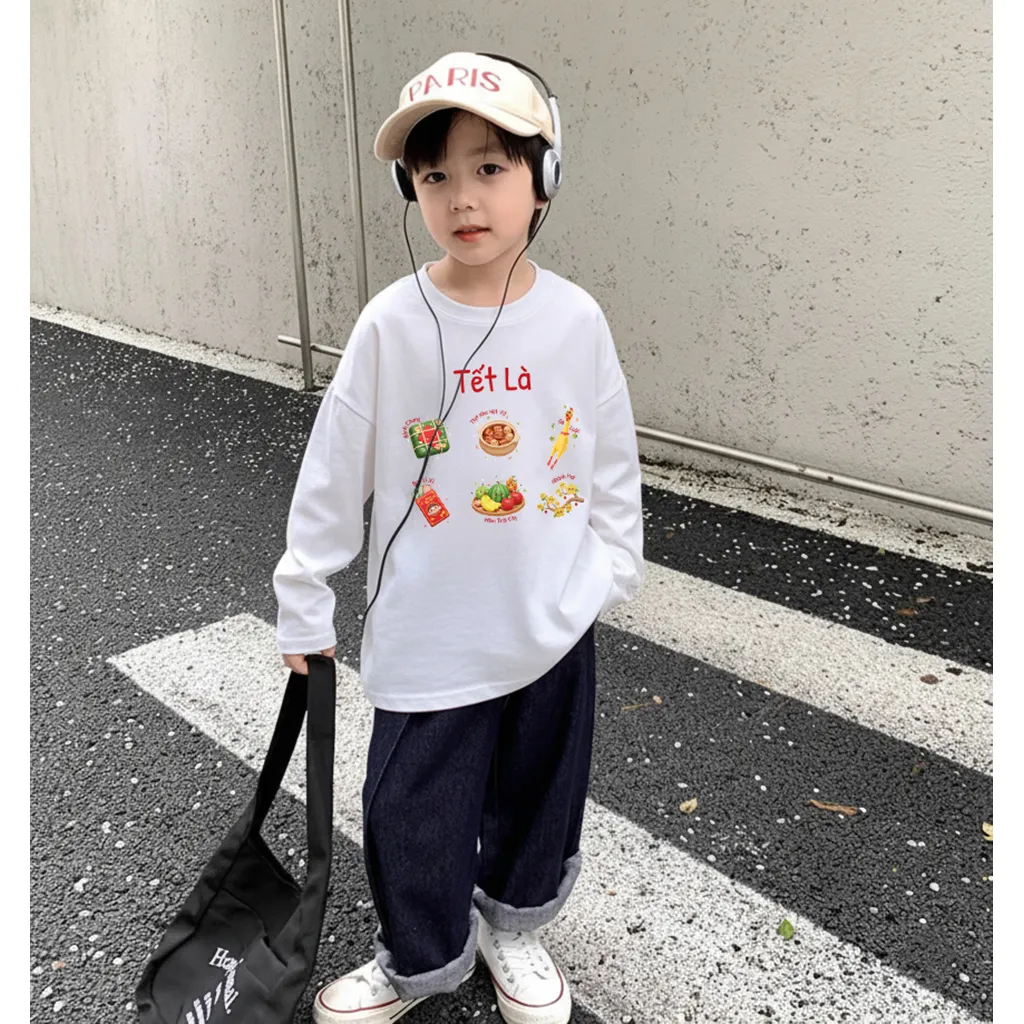 Áo thun kid tay dài form rộng Kado vải cotton thoáng mát mềm mại Tết đến bé vui in mix 2921_thumbnail_5