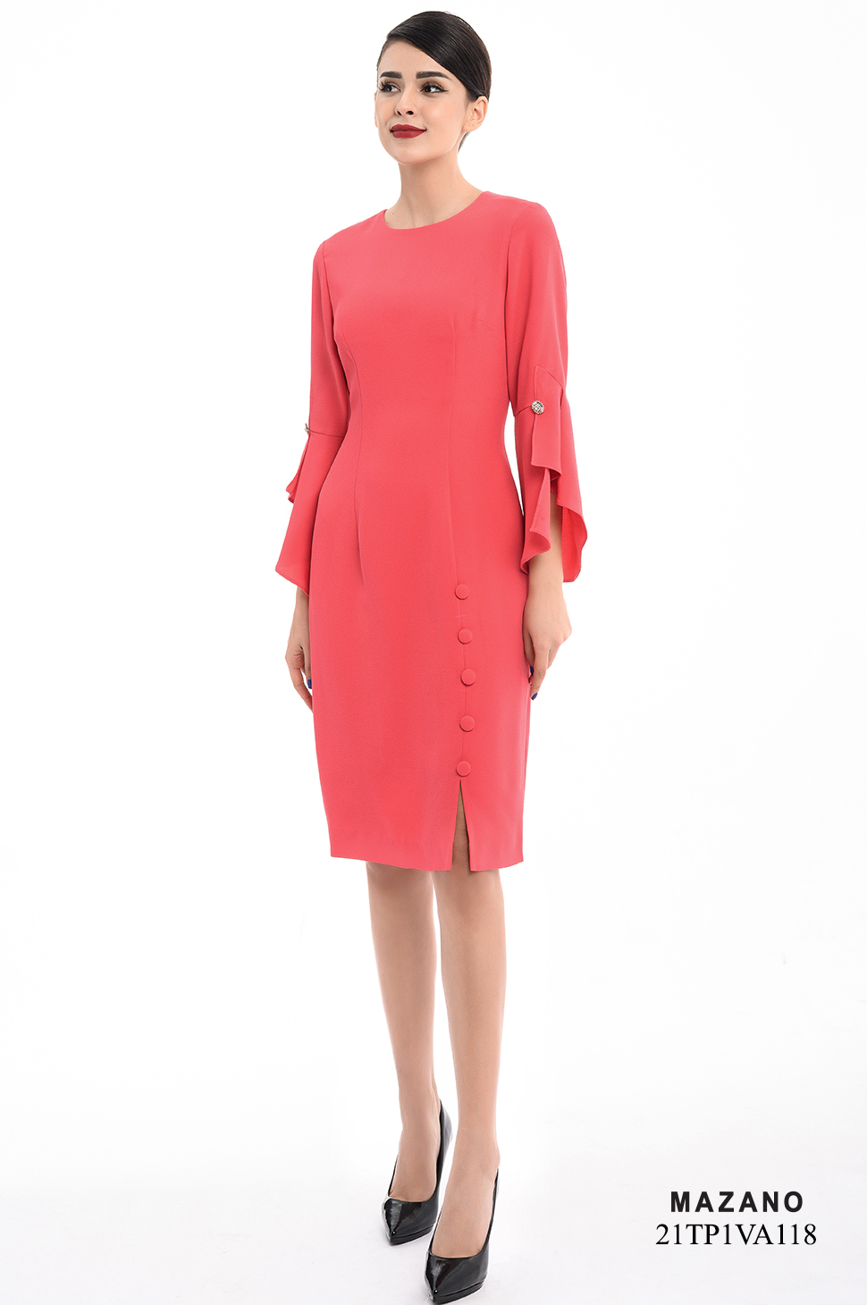 Đầm cam ôm tay loe đính cúc dọc sườn_thumbnail_0