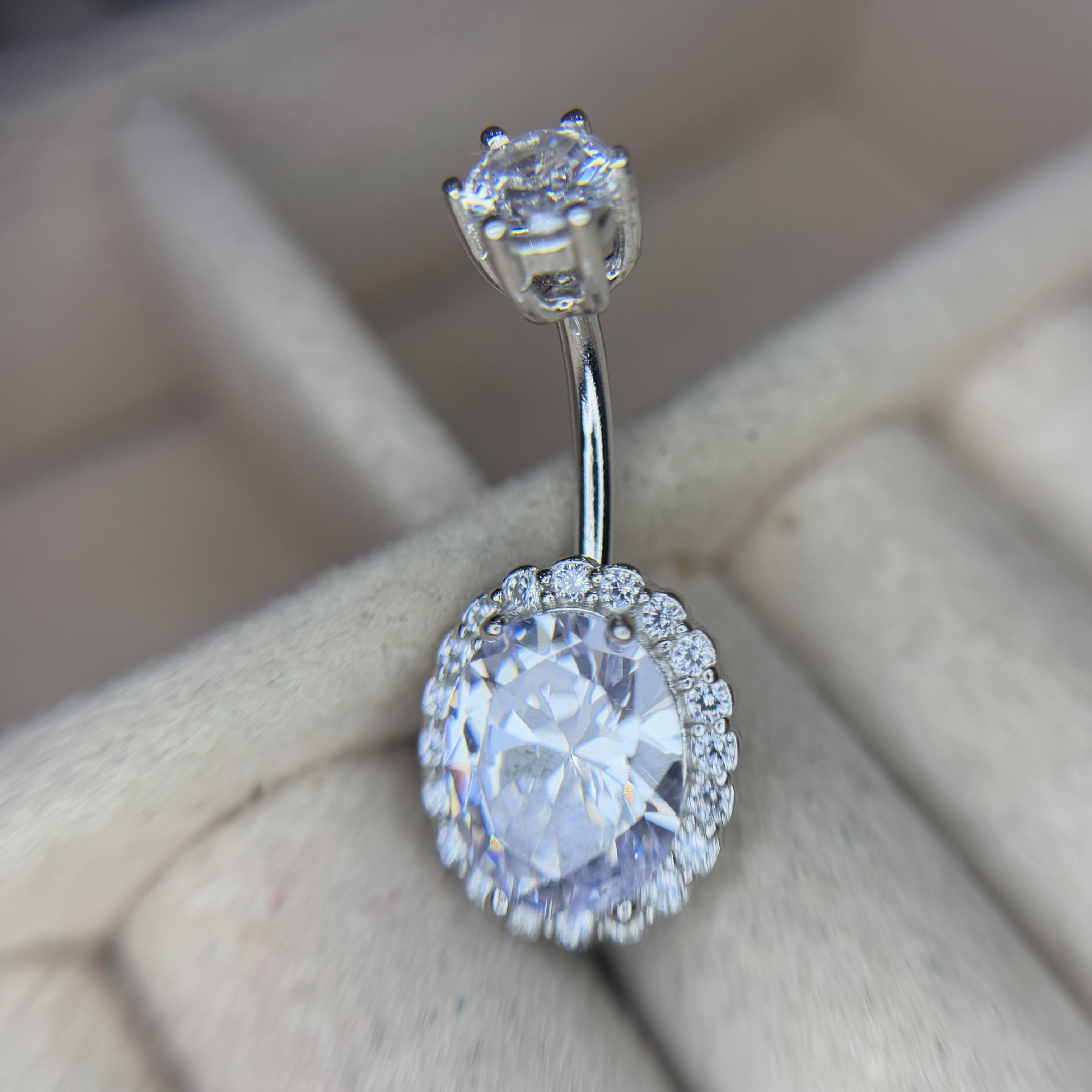 rốn bạc xi bạch kim đá chấu bầu dục viền kim cương to