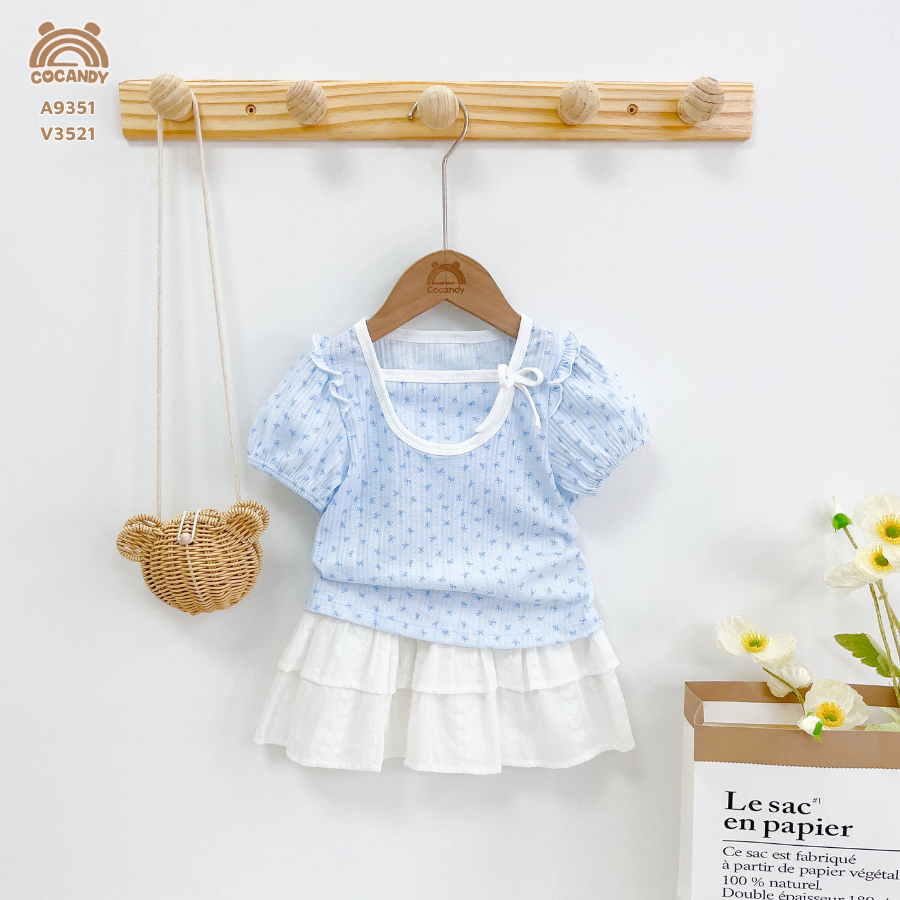 Áo cộc XANH DƯƠNG nơ xanh cổ nẹp viền tròn_thumbnail_1