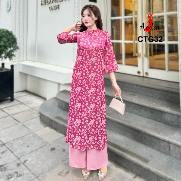 Bộ Áo Dài Cách Tân Gấm CT32 Dáng Suông Hoa Anh Đào Màu Hồng Sen Cổ Cao 2cm Tay Lỡ