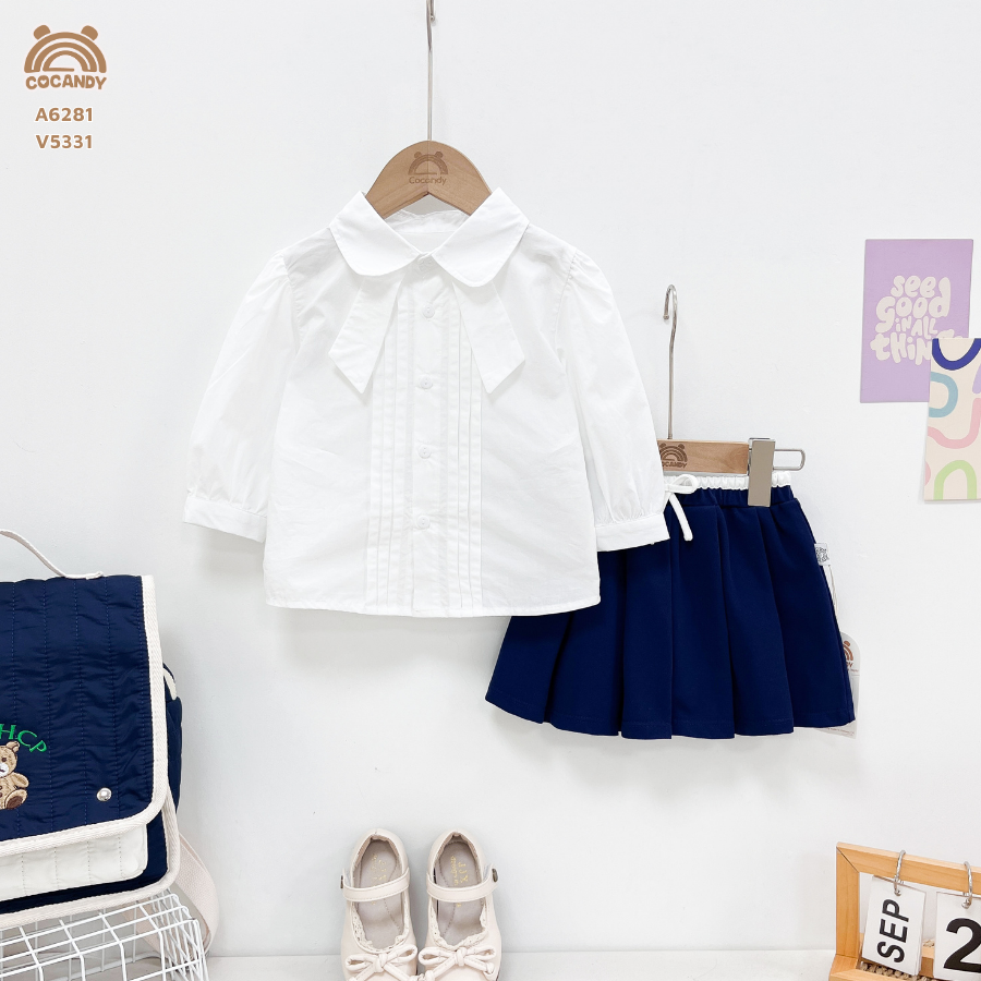 Áo dài sơ mi TRẮNG cổ 2 vạt xếp ly