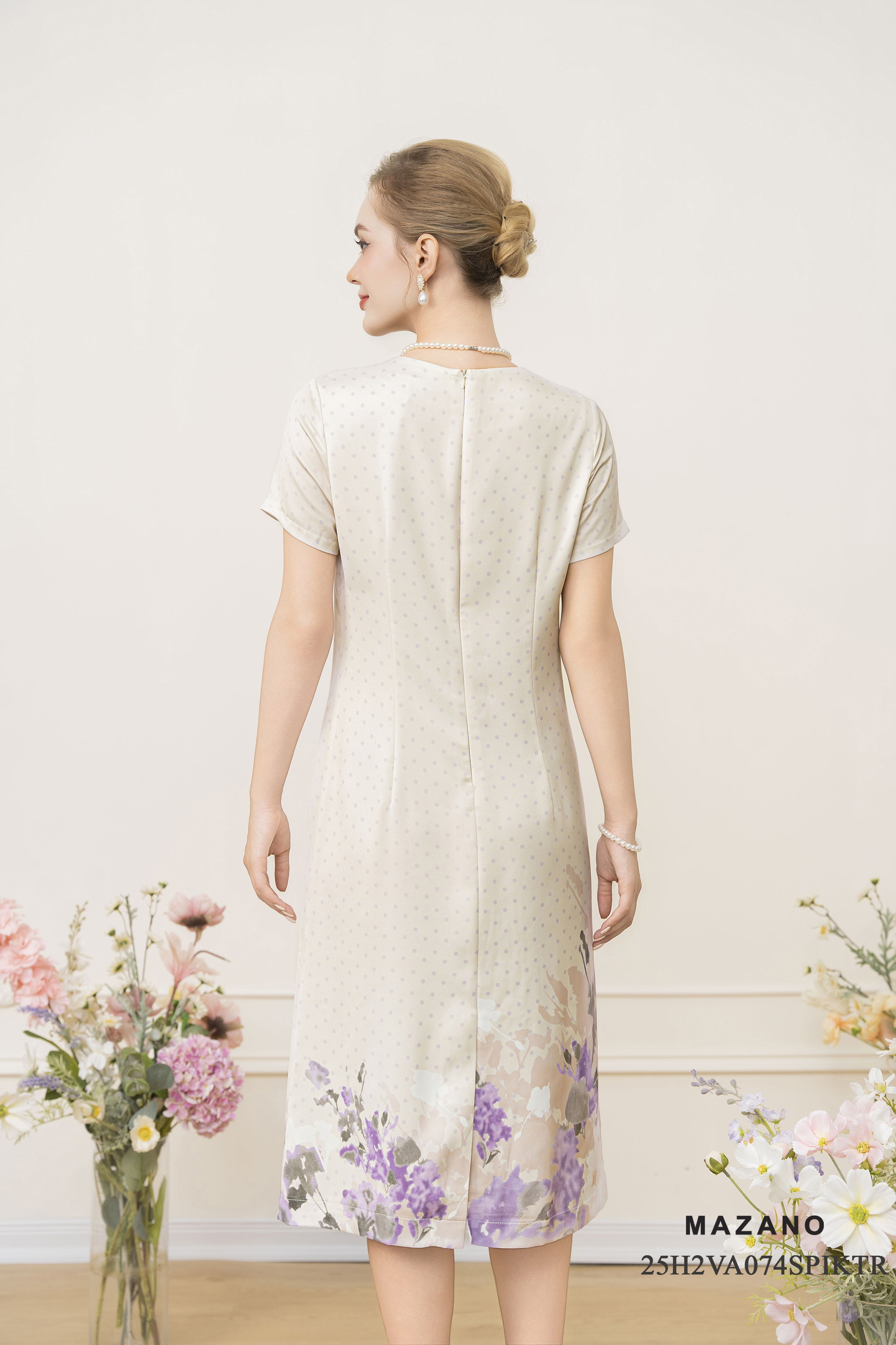 Váy Đầm Suông A Vải Thô lụa Hoạ tiết hoa oải hương Cổ tròn Tay ngắn Dài ngang bắp chân_thumbnail_2