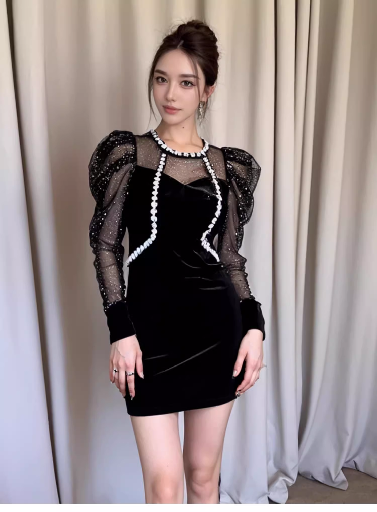 16338-Đầm body nhung phối tay voan lưới kim tuyến viền ren cách điệu ( thun nhung, voan lưới)_thumbnail_3