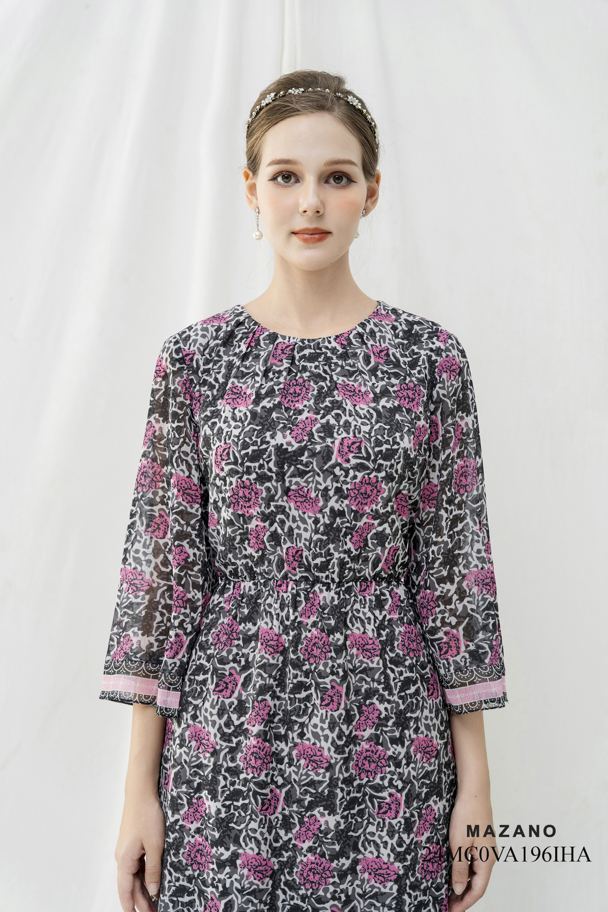 Váy Đầm bùng eo Vải voan lụa Hoạ tiết hoa trang trí gấu váy  Cổ tròn Tay lỡ Dài qua bắp chân_thumbnail_4