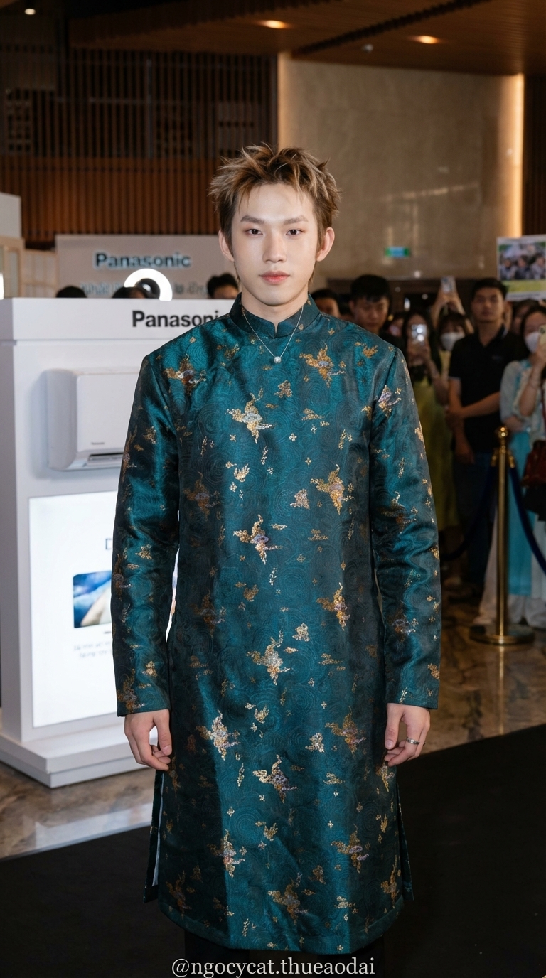 Áo Dài Nam Xanh Cổ Vịt Gấm Họa Tiết Truyền Thống_thumbnail_1