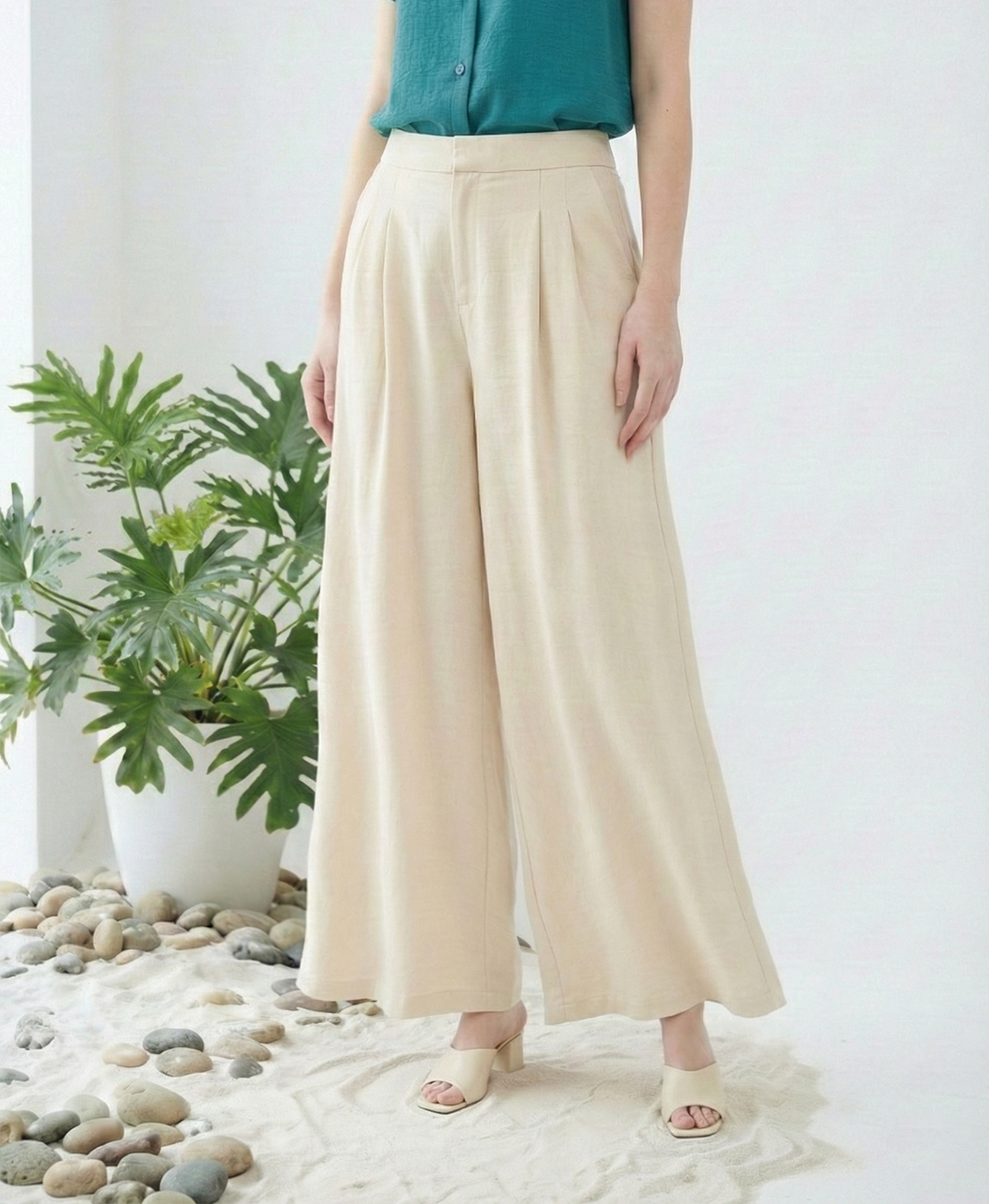 Quần vải thô pha linen trắng dáng suông rộng thiết kế MAZANO 1HB1SQT045BE_thumbnail_4