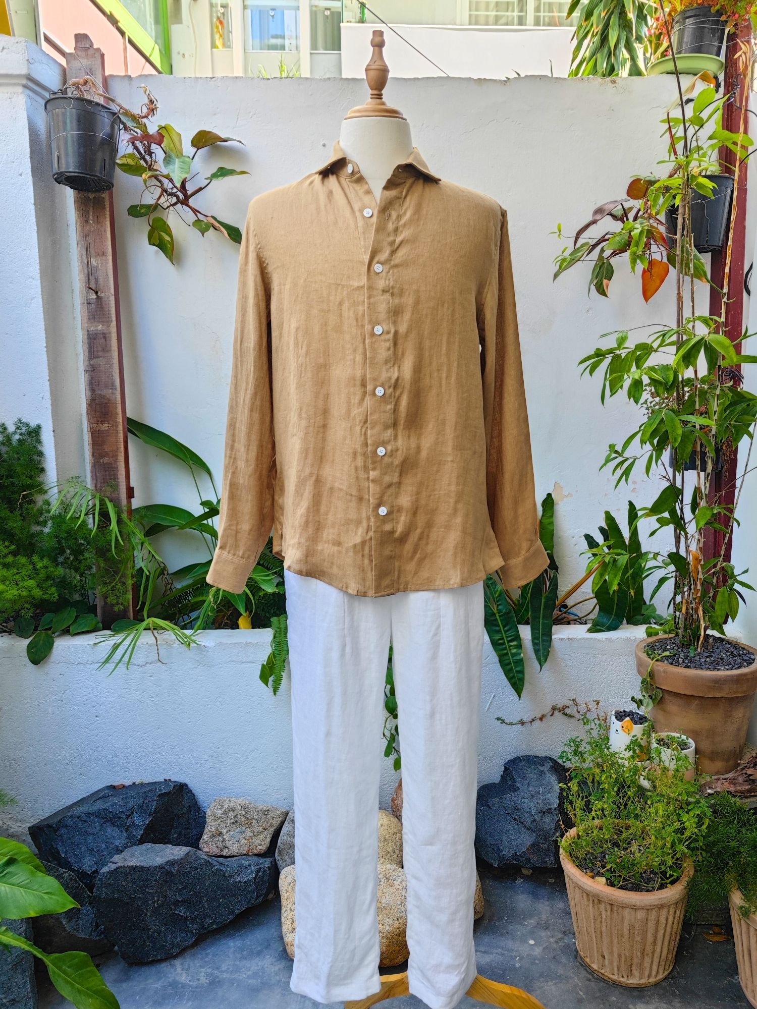 Sơ mi 100% linen tay dài cổ kiểu Ý