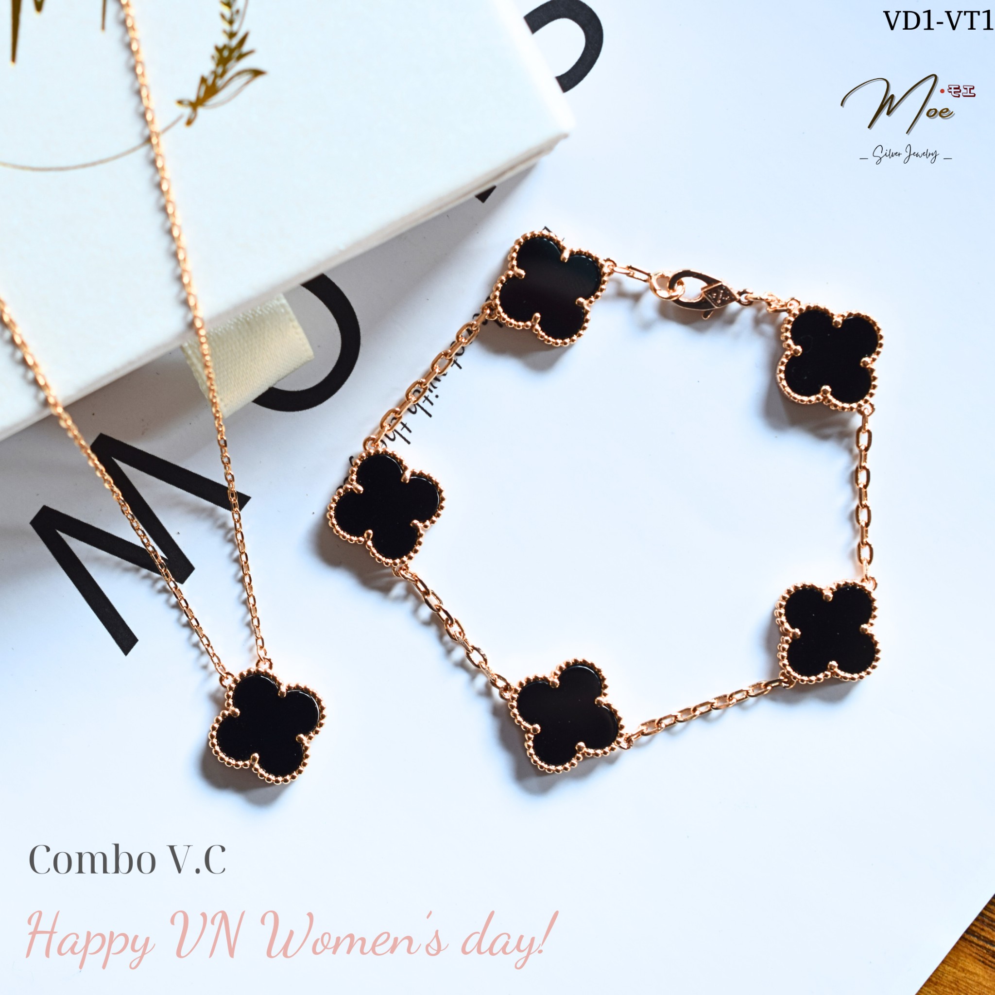 VD1 - VCA Dây chuyền đen 13mm xi vàng hồng