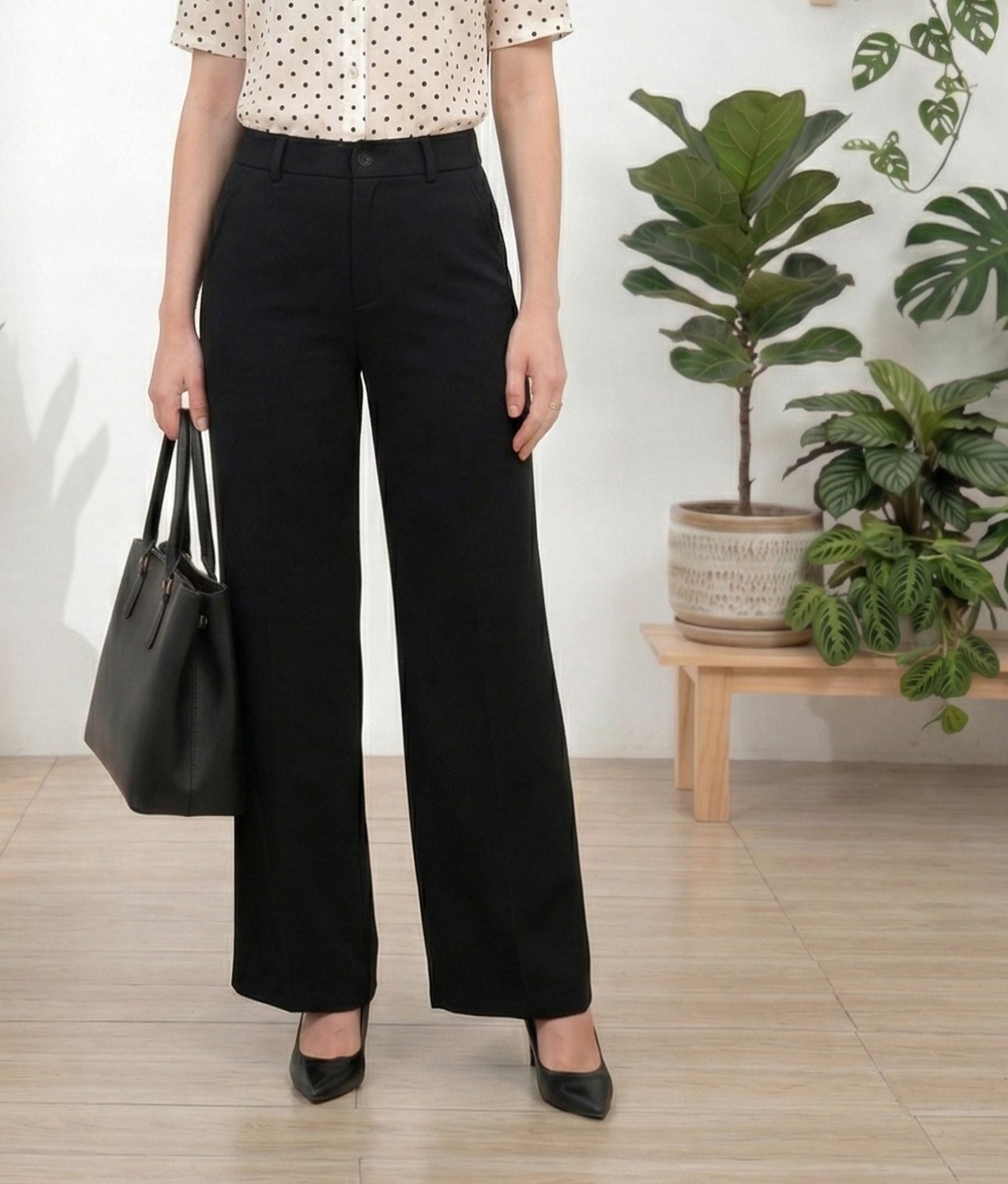 Quần vải tuytxi đen cạp cao dáng suông thẳng thiết kế MAZANO