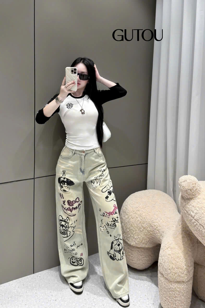 [ GUTOU ] Quần Jean Suông Hoạt Hình Dog Camping_thumbnail_1