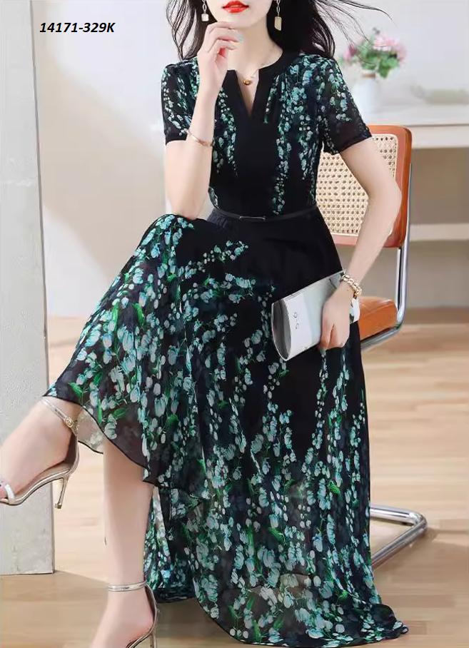 14171-Đầm dài cổ V cách điệu họa tiết hoa linh lan xanh (voan, lót)FREESHIP_thumbnail_1
