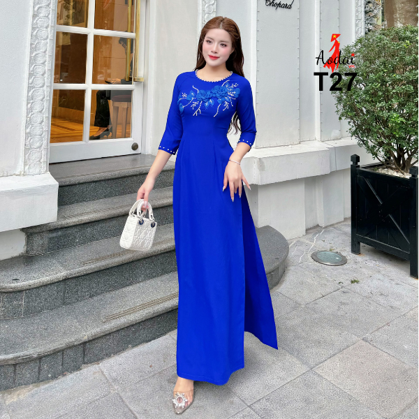 KH27 Áo dài Lụa Mỹ màu Xanh Côban thêu hoa thủ công