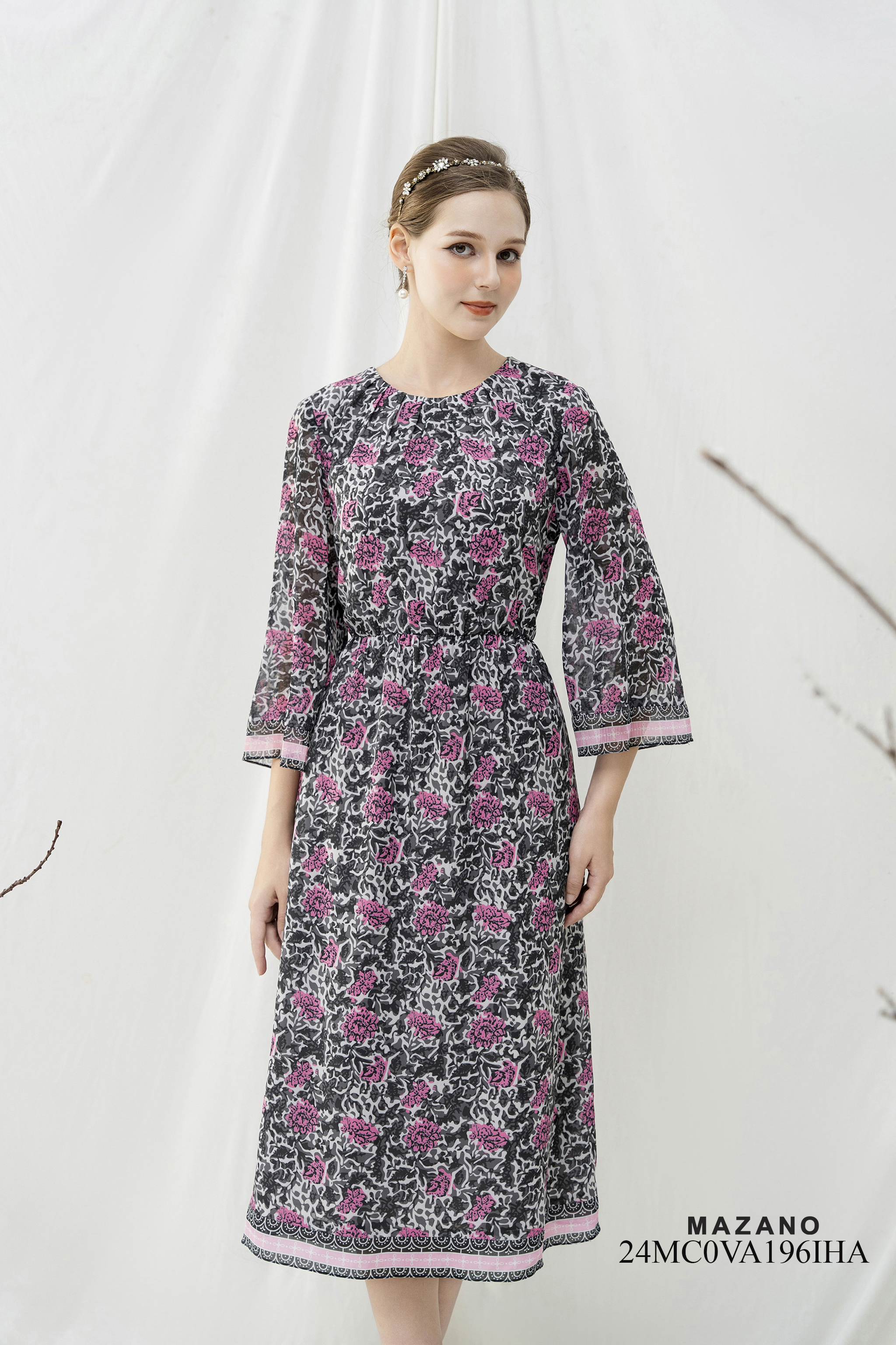 Váy Đầm bùng eo Vải voan lụa Hoạ tiết hoa trang trí gấu váy  Cổ tròn Tay lỡ Dài qua bắp chân_thumbnail_2