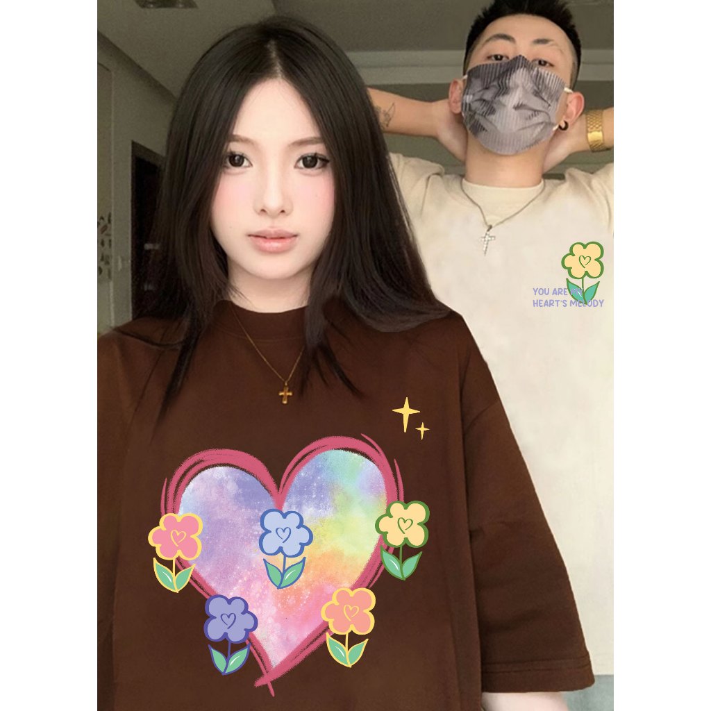 Áo thun cặp đôi hình trái tim form rộng tay lỡ màu xinh ATD1208 Miucho vải cotton thoáng mát cổ tròn in mix_thumbnail_6