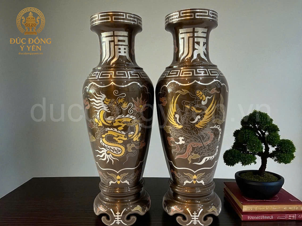 Lọ hoa khảm rồng phượng đúc đồng đỏ khảm ngũ sắc kỹ 