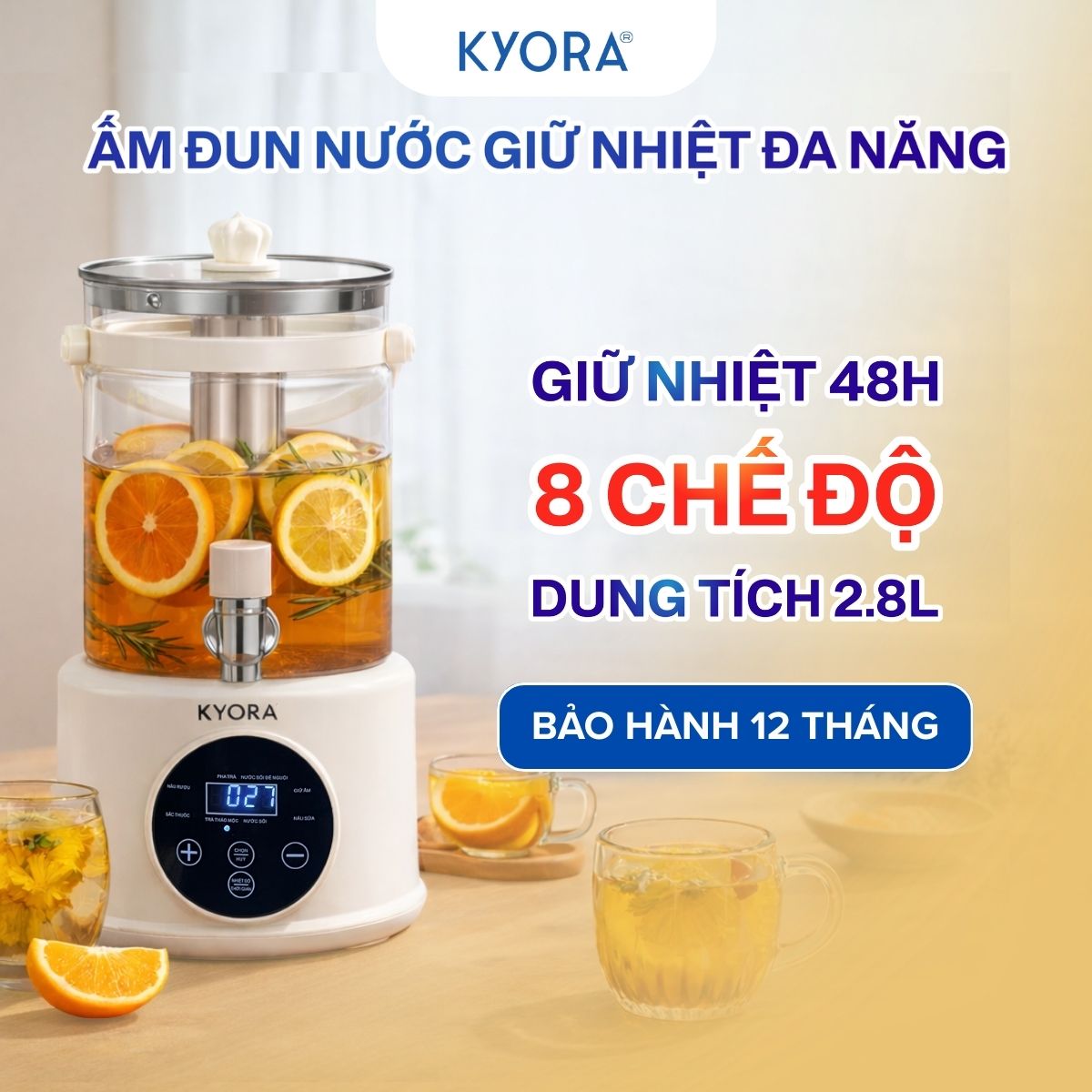 Ấm Đun Nước Giữ Nhiệt Đa Năng 8in1 Kyora 2.8L - 8 chức năng đun nấu - Giữ nhiệt 48H liên tục - Kèm lõi lọc trà