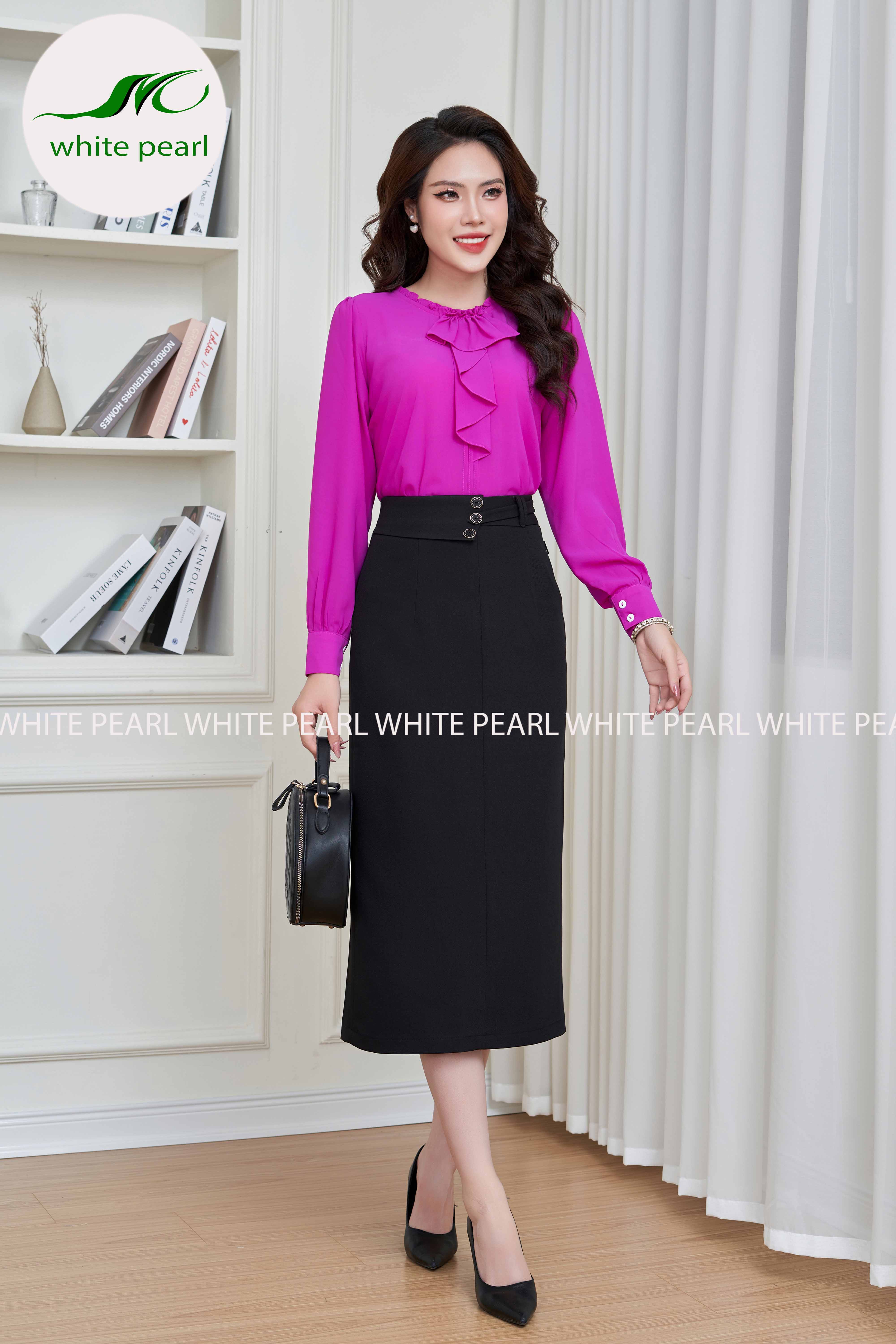 Chân váy ôm xuông vạt giả 3 cúc Màu đen thời trang công sở cao cấp White Pearl_thumbnail_0
