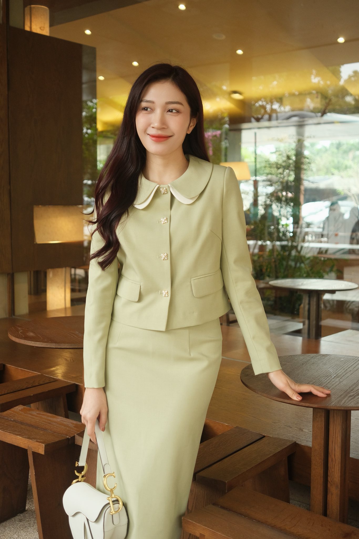 SET A205 LONG - Set áo kiểu xanh bơ dài tay phối chân váy