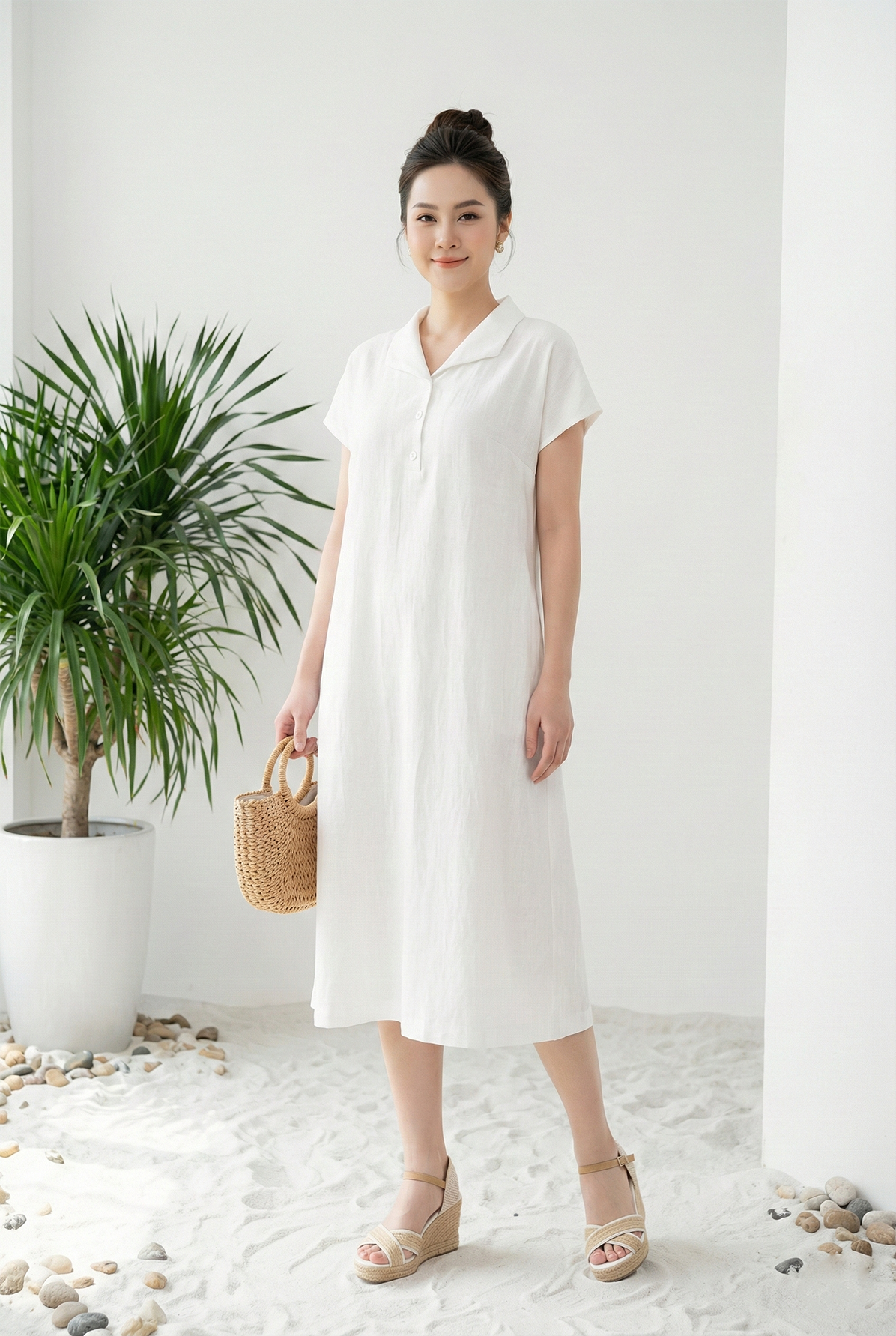 Đầm maxi vải linen trắng dáng suông cố bẻ tay ngắn thiết kế MAZANO_thumbnail_3