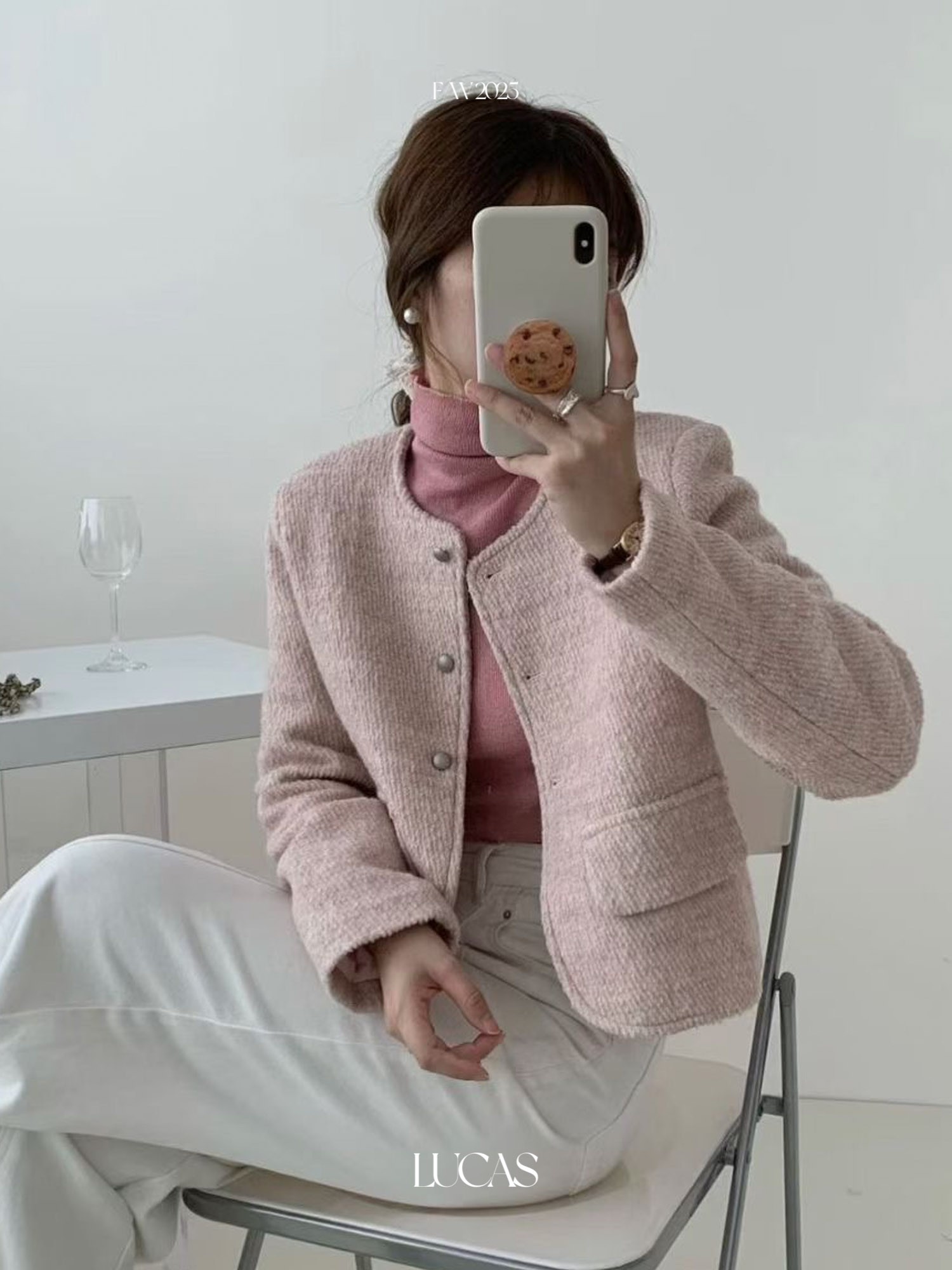 Lucas - Áo dạ tweed trơn basic cổ tròn cúc kim loại ốp nắp túi Simida vải gân chéo_thumbnail_1