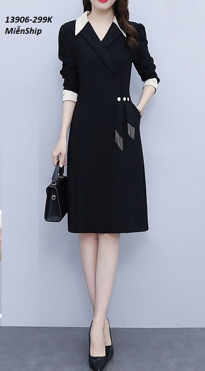 13906-Đâm xòe tay dài, cổ vest pối phụ kiện eo (thun hà lan)FREESHIP_thumbnail_0