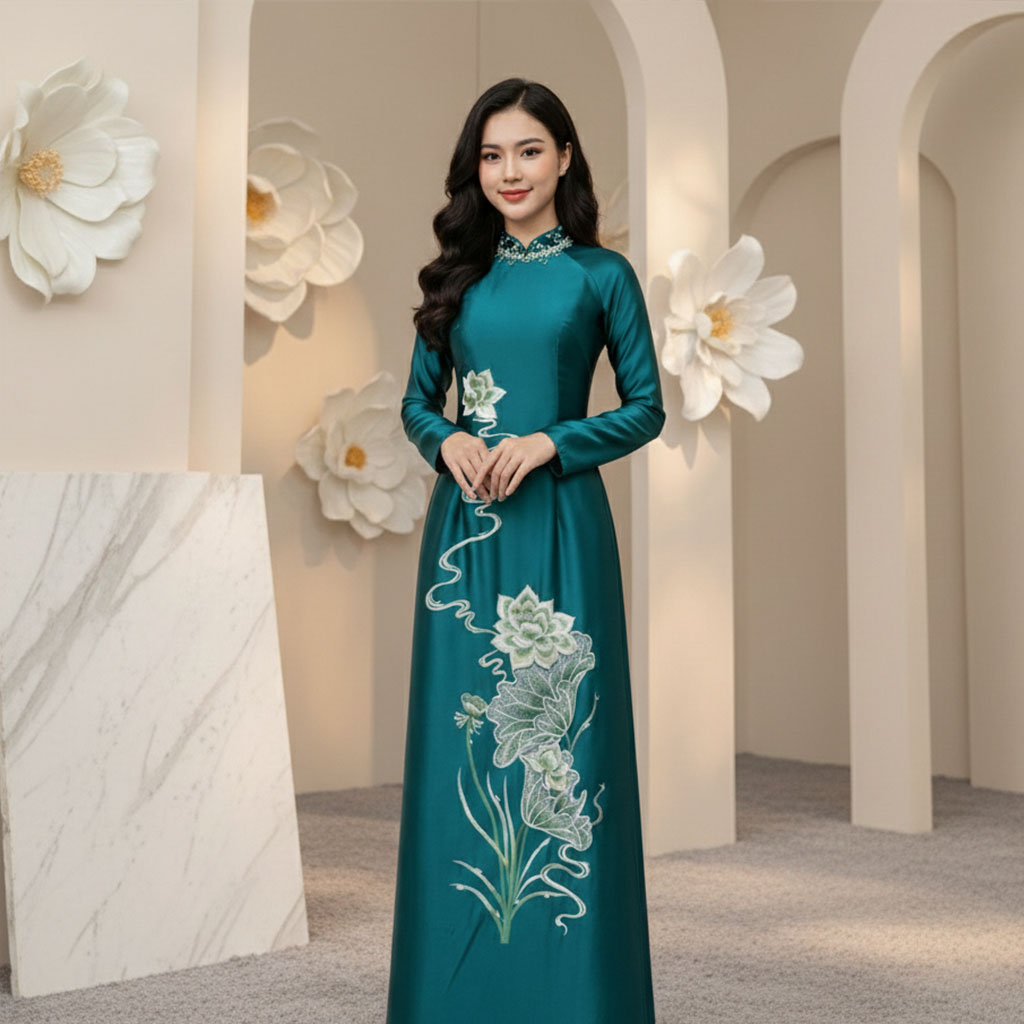 Áo Dài Mẹ Cô Dâu Chú Rể Xanh Ngọc Thêu Hoa Sen – Chất Liệu Ruby Cao Cấp AM25-05_thumbnail_3