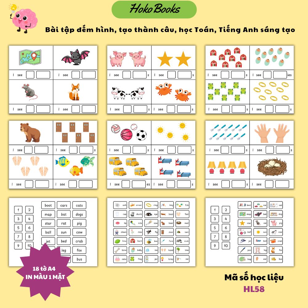 HL58 Học liệu Bài tập đếm hình, tạo thành câu, học Toán, Tiếng Anh sáng tạo Hokobooks
