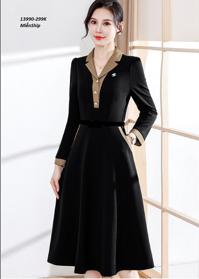 13990-Đầm xòe A cổ bẻ kết nút viền nâu_thumbnail_0